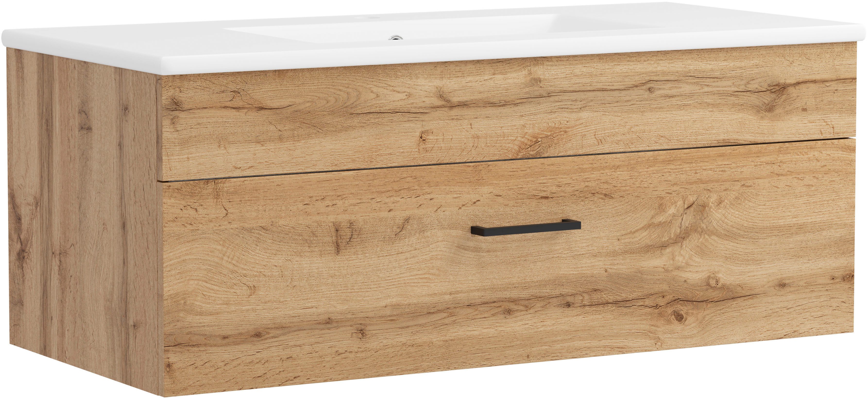 welltime Waschtisch Trento Light mit Keramik-Auflagebecken, 1 feste Blende und 1 Auszug, Breite: 101cm, Wotaneiche