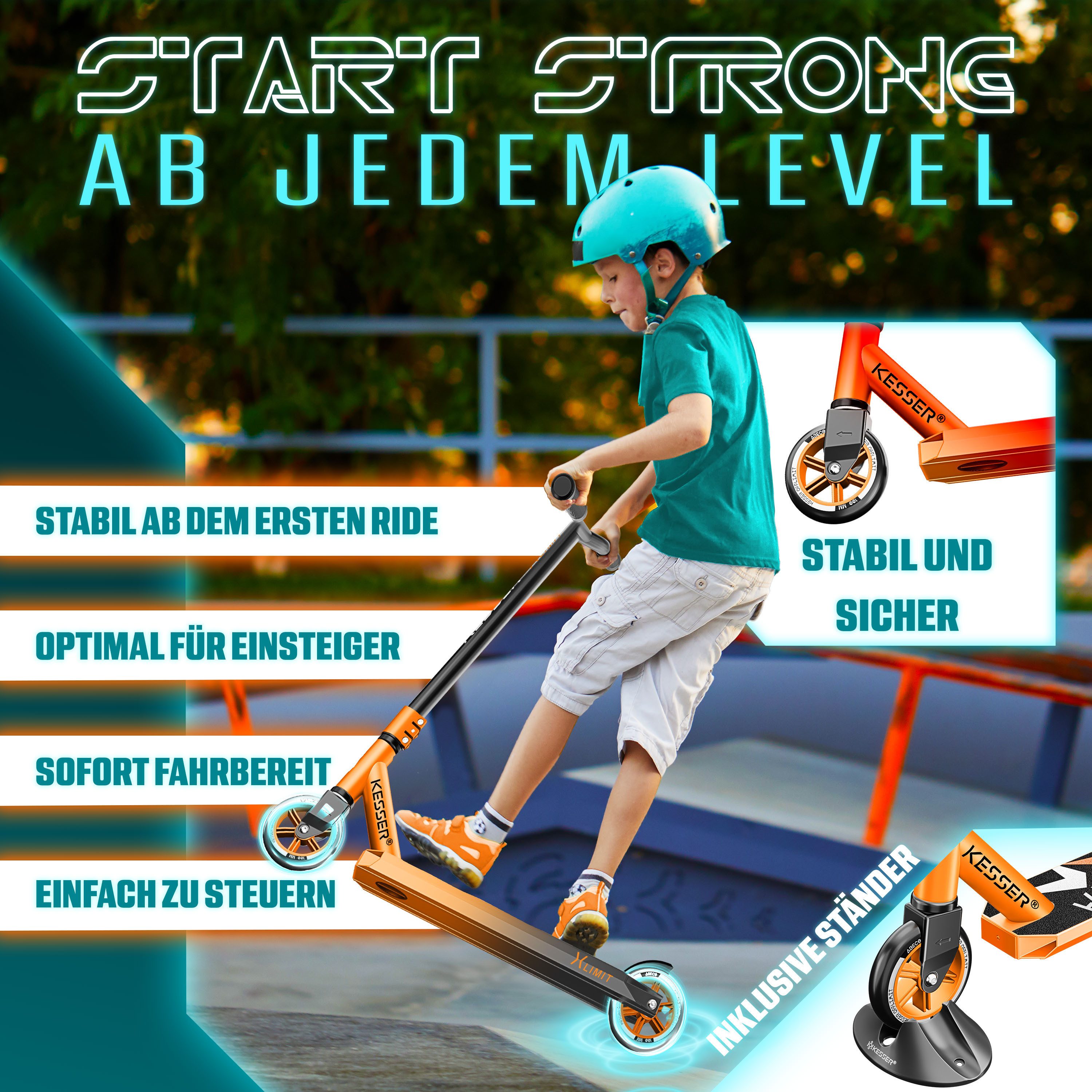 KESSER Stuntscooter X-Limit 360° Lenkung, ABEC9 Kugellagern, 100 mm PU Räder, Freestyle Kickscooter Funscooter für Kinder & Erwachsene