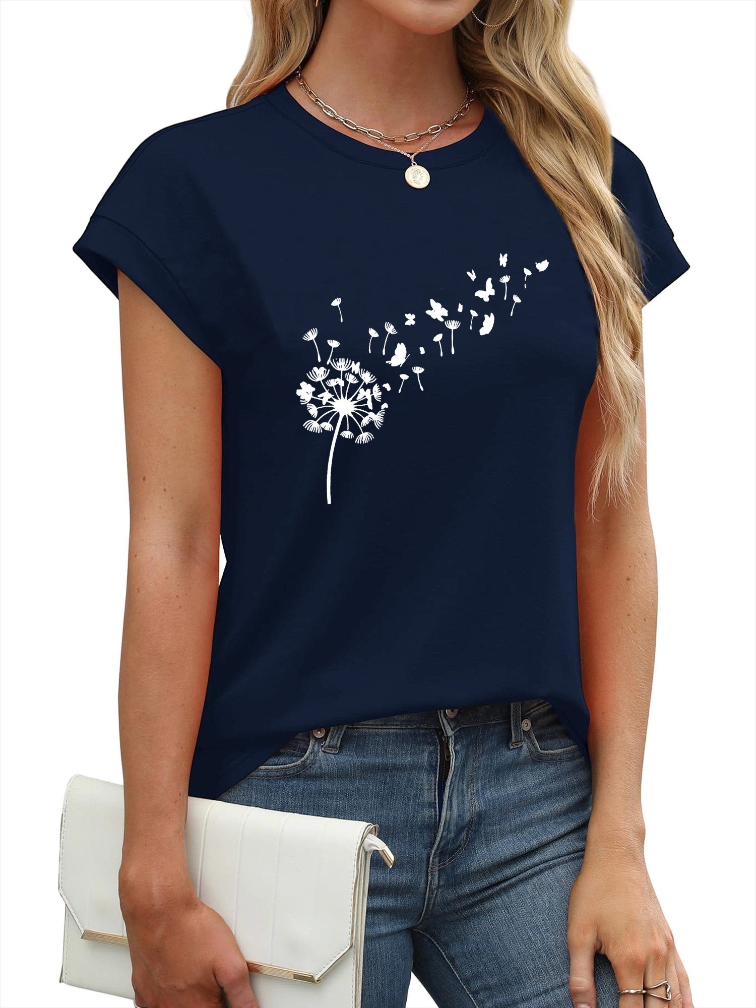 PYLIKE Rundhalsshirt Carmenshirt Damen Casual Löwenzahn Ausgefallene bequemes Sommershirt Modische Outfits Business Strand Urlaub Blusen Kleidung