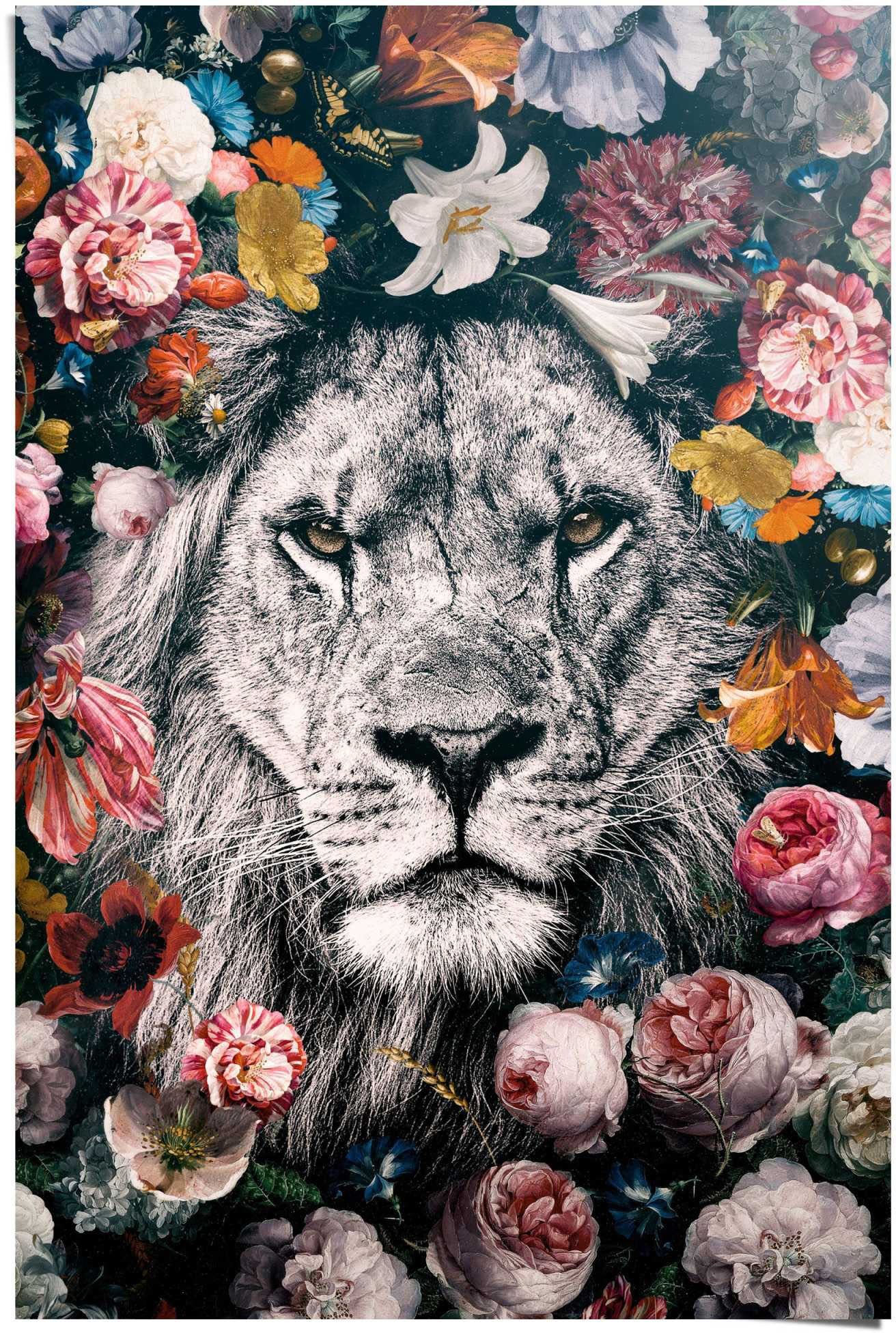 Reinders! Poster Löwe Blumenkranz - Pflanzen - Farbenfroh, (1 St),  Qualitätsprodukt - Unsere Poster werden ausschließlich in Europa hergestellt | Kunstdrucke