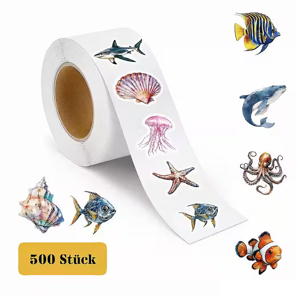 Ware aus aller Welt Sticker 500 Meerestiere Sticker Rolle Fische Seesterne Muscheln Krake ..., (500-tlg)