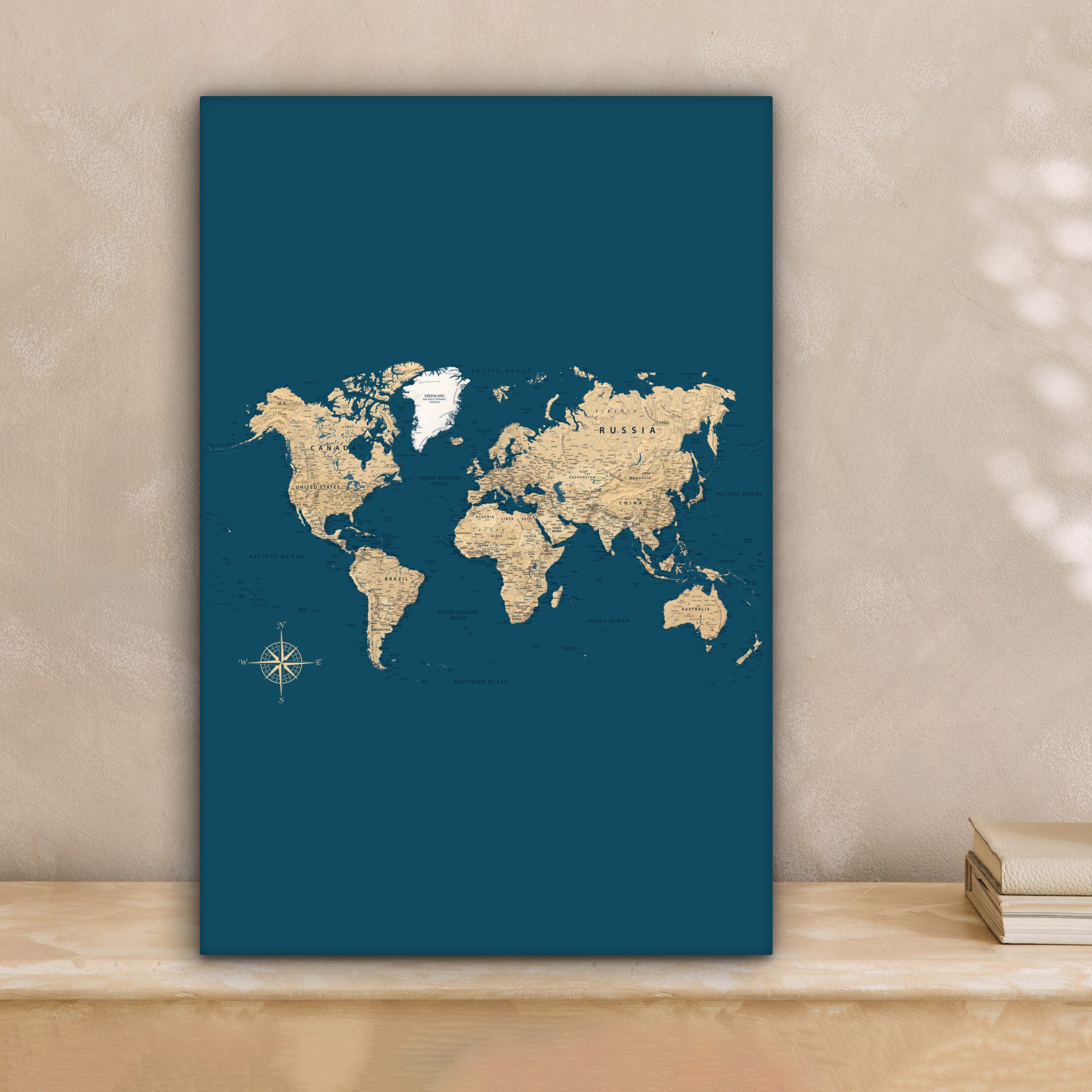 OneMillionCanvasses® Leinwandbild Weltkarte - Dunkelblau - Beige, Fotodruck günstig online kaufen