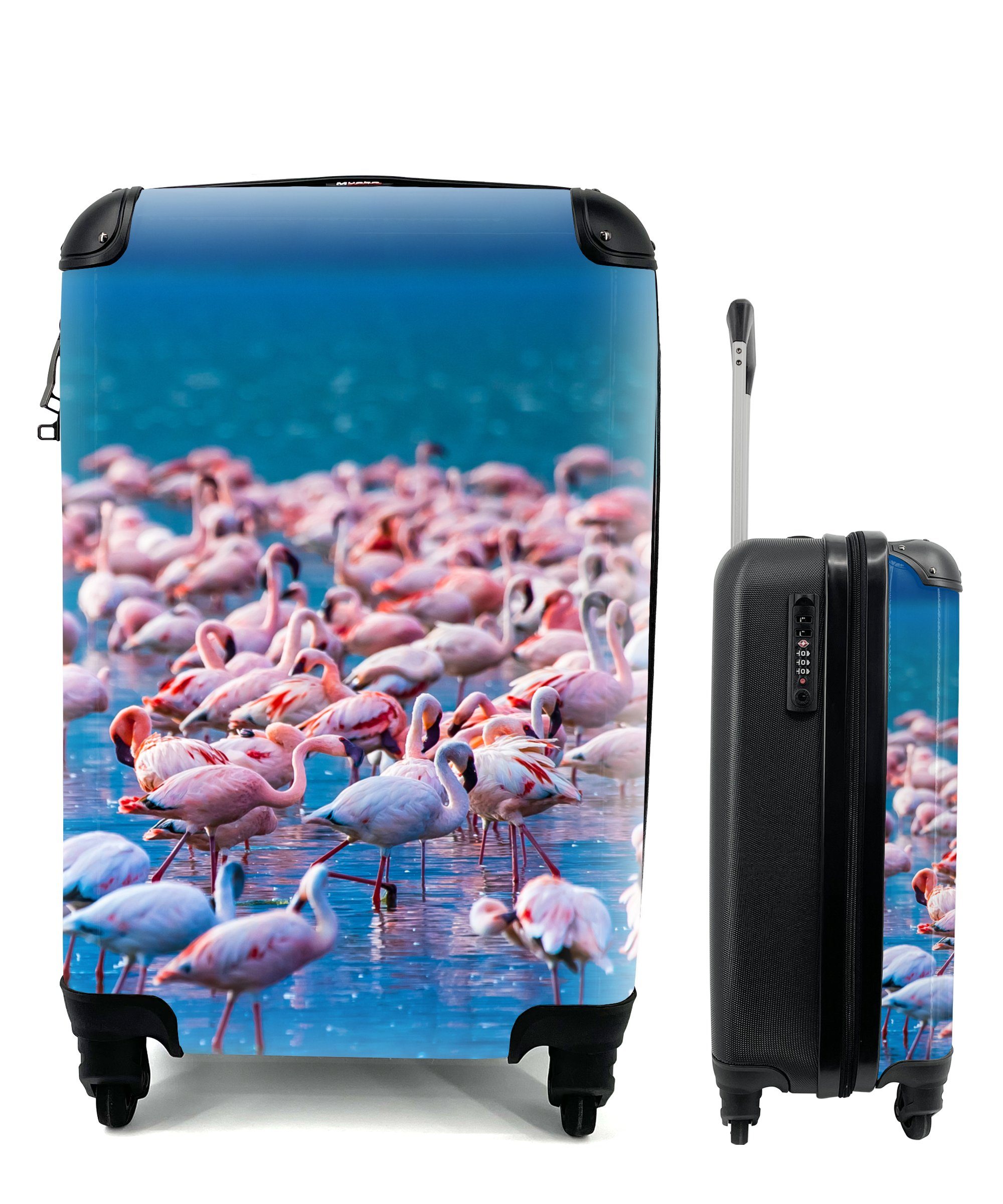 MuchoWow Handgepäckkoffer Flamingo - Wasser - Tropisch - Rosa, 4 Rollen, Reisetasche mit rollen, Handgepäck für Ferien, Trolley, Reisekoffer