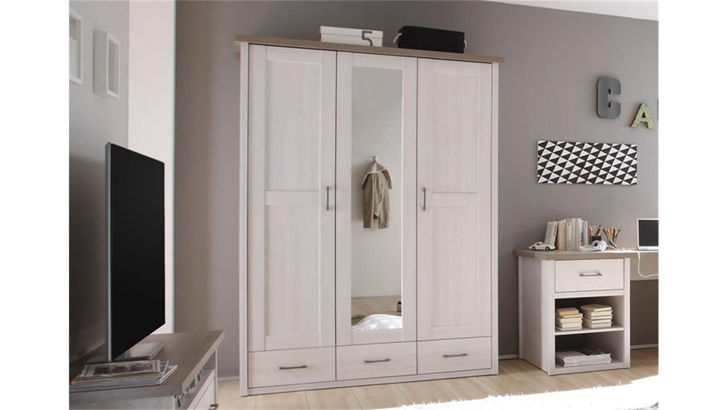 Bega Consult Kleiderschrank Kleiderschrank Luca 3 türig Pinie weiß und Trüffel