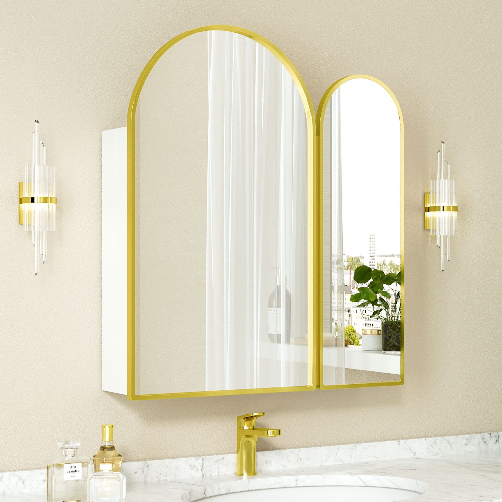 radelldar Badezimmerspiegelschrank Spigelschrank bogen mit 3 Ablagen und 2 Tür, 61x12x70cm Badschrank mit 2 Spiegel Arched