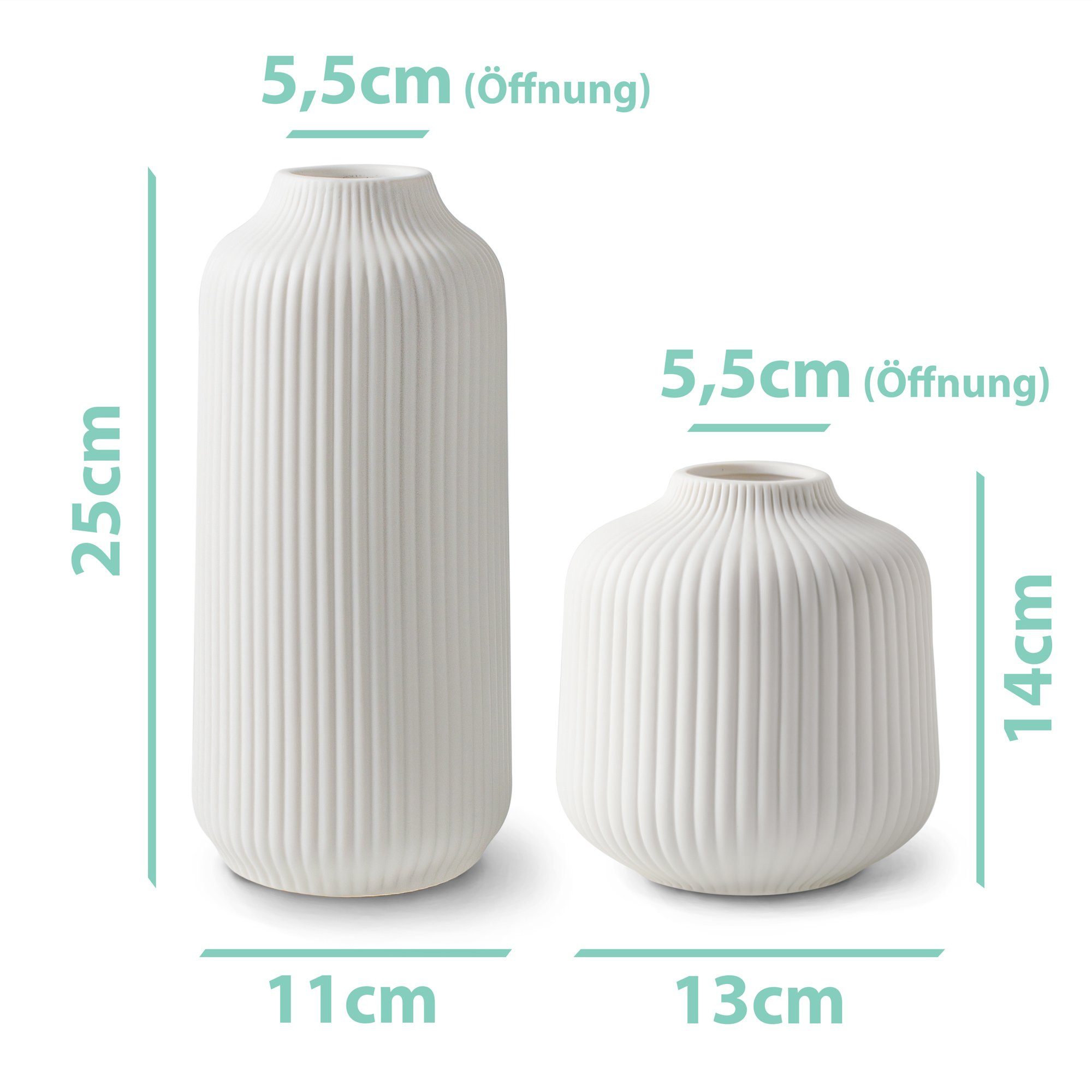 flature Tischvase Keramik Vase 2er-Set mit Rillen - für Pampasgras und Blumen