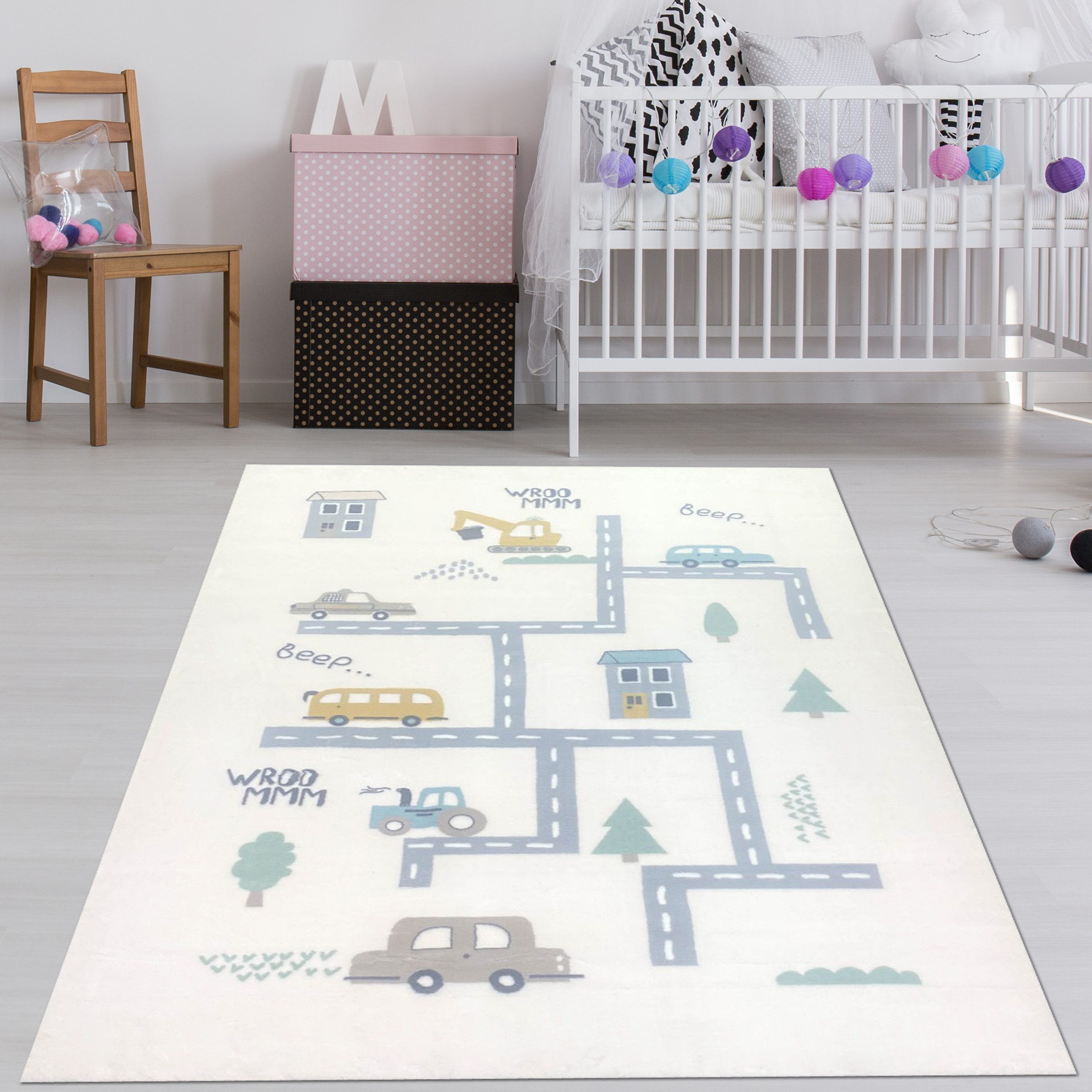 Kinderteppich Kinderzimmer-Teppich mit Abbild von Straßen, Autos und Bagger in creme, TeppichHome24, rechteckig, Höhe: 18 mm