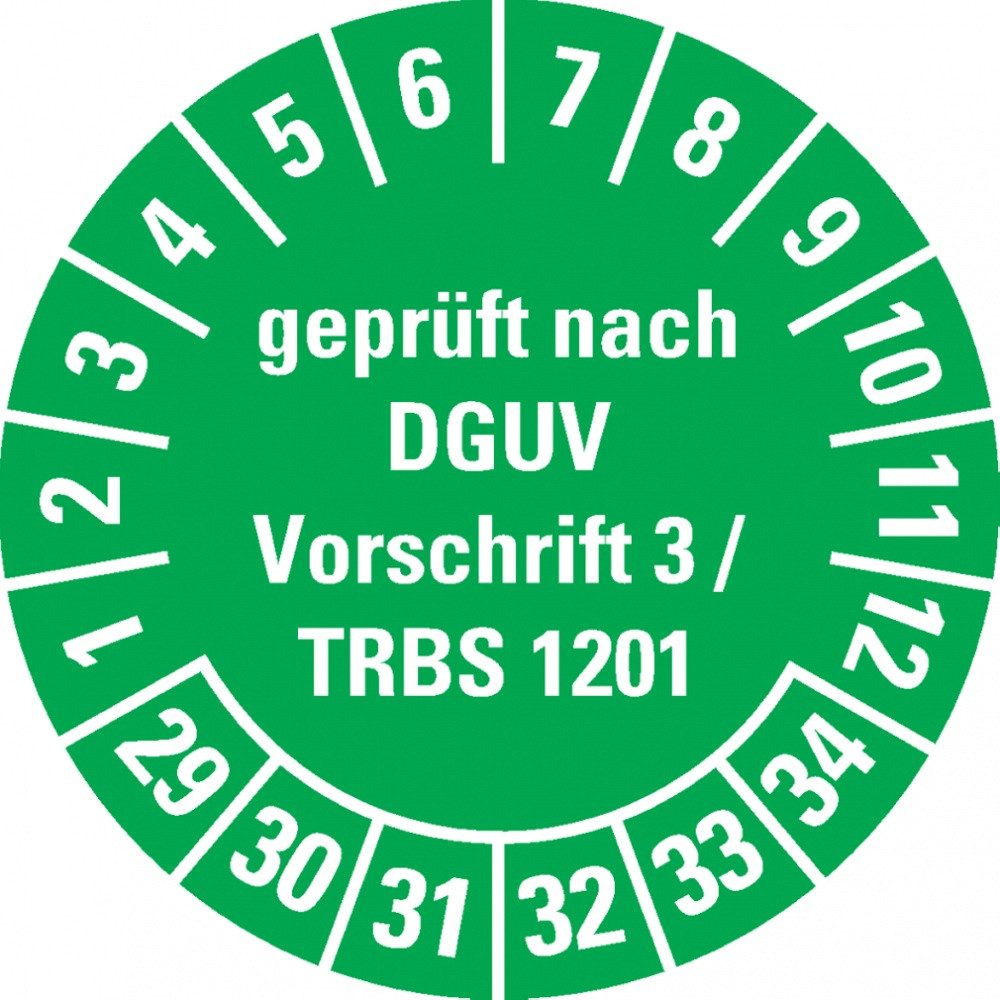 Hinweisschild Prüfplakette DGUV Vorschrift 3/TRBS 1201, 29-34, grün, Folie, Ø30mm, 1