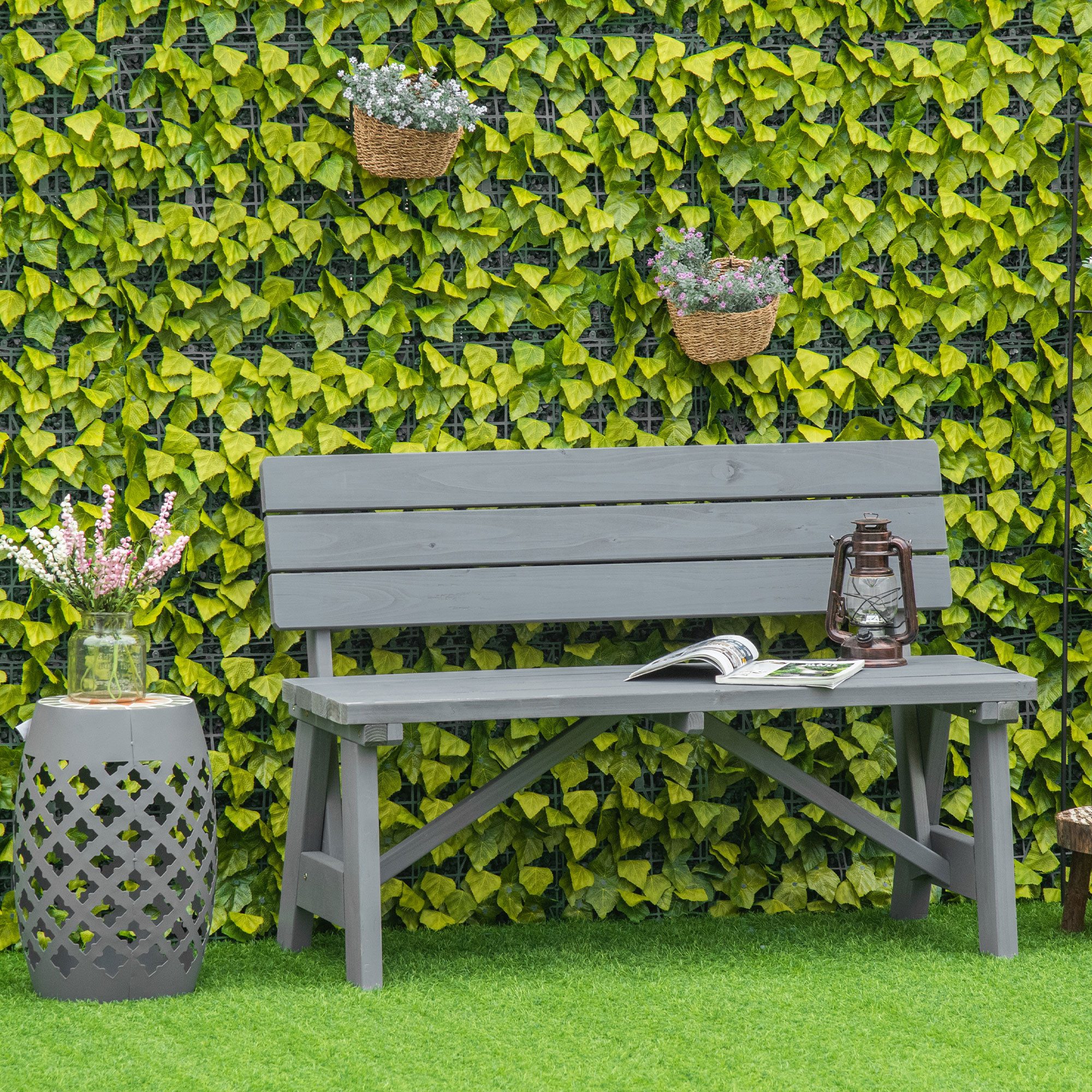 Outsunny Bank mit Rückenlehnen, 220kg belastbar (wetterfest Sitzbank aus Holz, 1-St., 2-Sitzer Gartenbank), für Balkon Terrasse, Garten, 116 x 56 x 80 cm, Grau