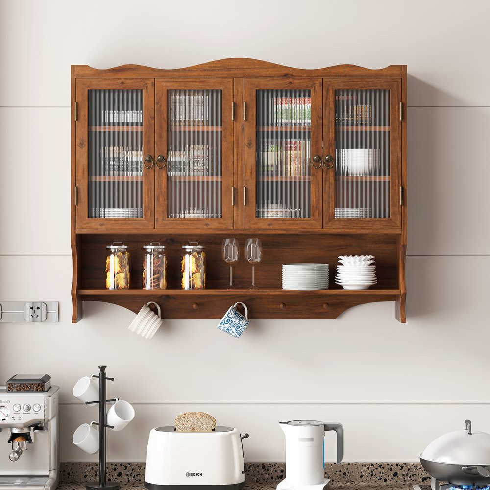 Odikalo Wandhängeschrank Hängevitrine Hängeschränke mit Stauraum, 100 cm breiter Retro-Wandschrank mit vier Türen, mit zwei Stauraumebenen und einem offenen Hakenregal, geeignet für Badezimmer, Küchen und Esszimmer