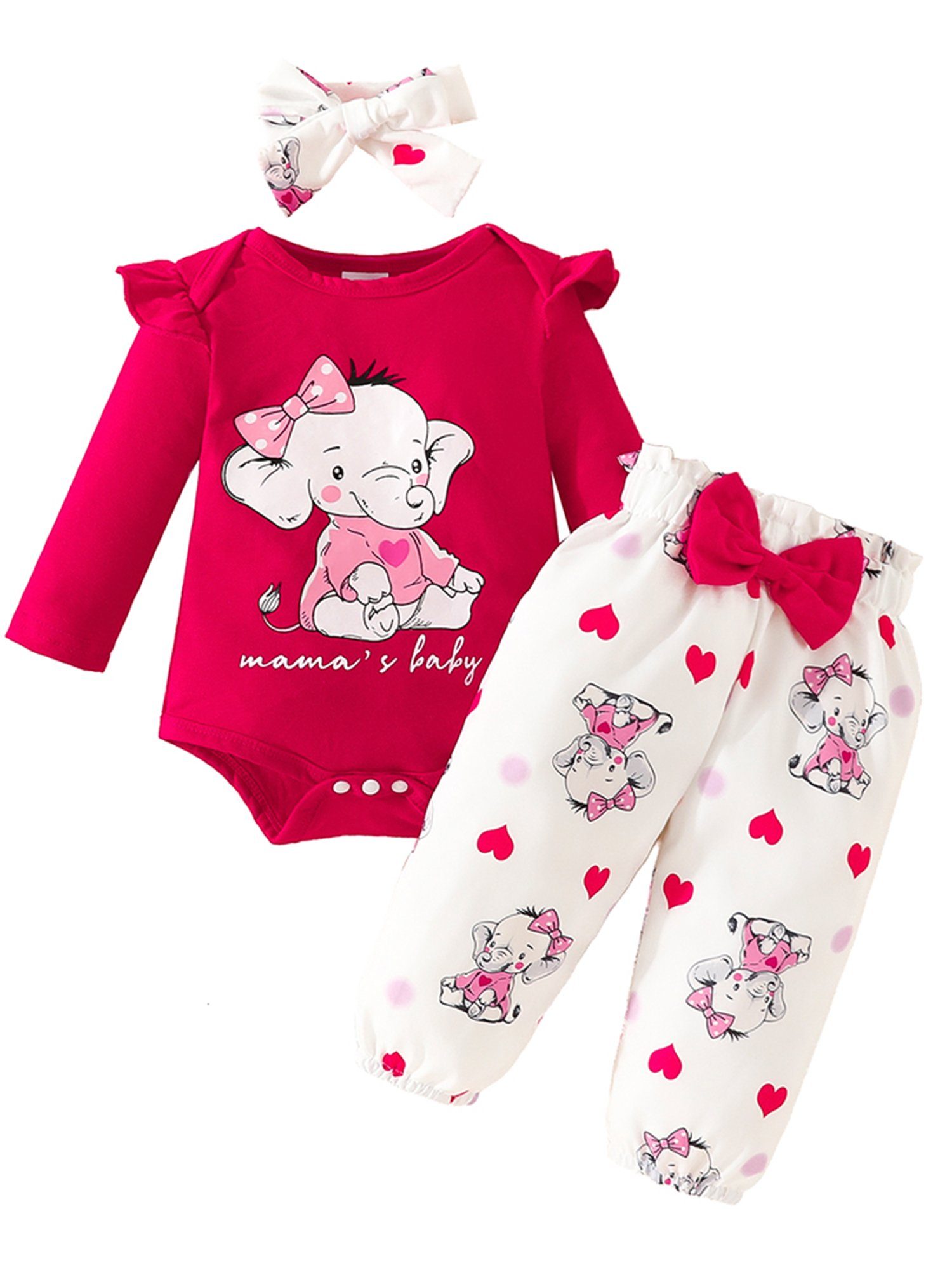 LAPA Shirt, Leggings & Haarband Baby Mädchen Elefanten Cartoon Druck Freizeitanzug, Alltagsanzug (Set, 3-tlg) Geschenk für Neugeborene, Rüschen Schleifendekoration Rot