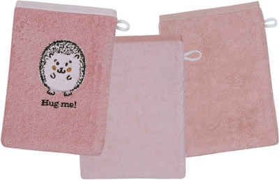Wörner Waschhandschuh Igel rosa Waschhandschuh 3er Set (3-tlg), 1x mit süßer Igelstickerei, 2x unifarben