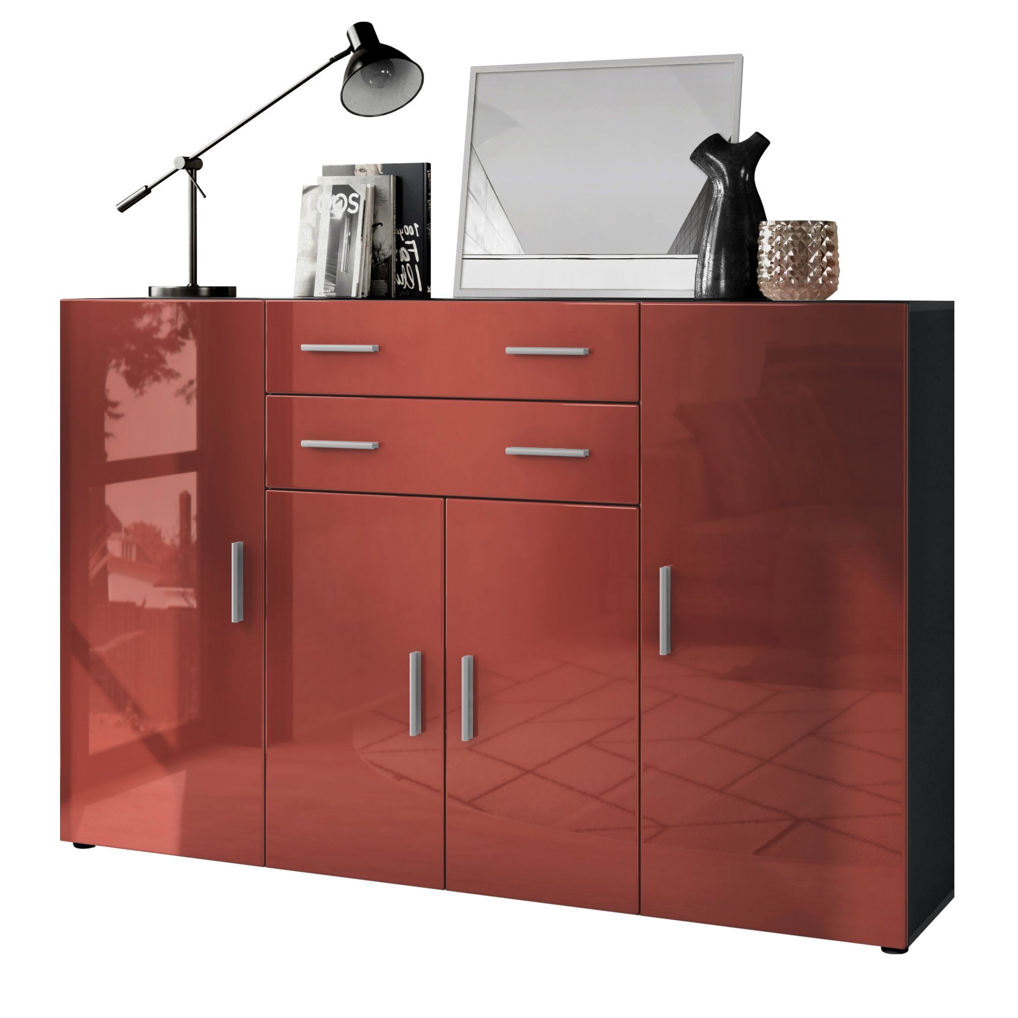 Vladon Highboard Aron (Anrichte, mit 4 Türen und 2 Schubladen), Anthrazit matt/Bordeaux Hochglanz (166,5 x 106,5 x 35 cm)