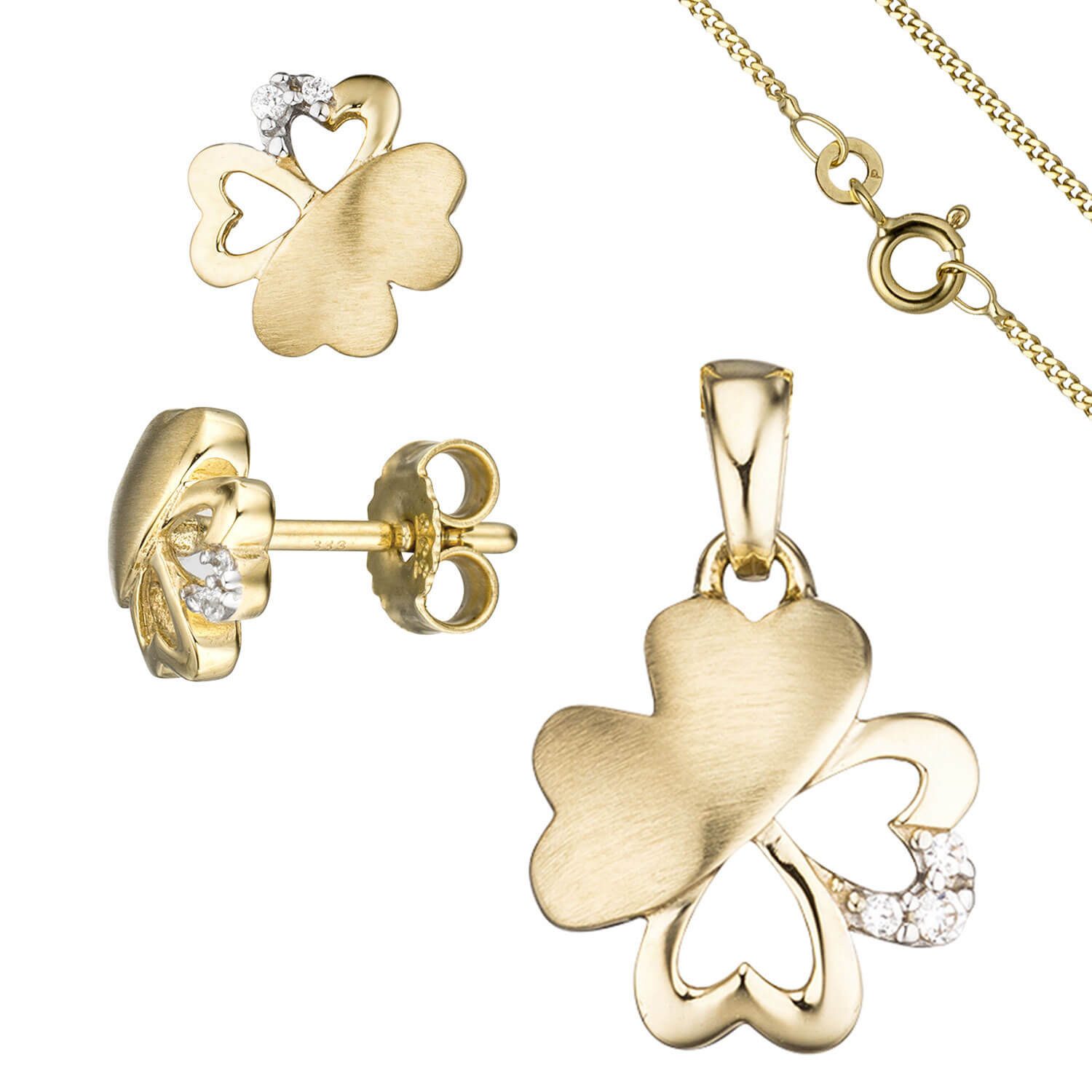 Schmuckset Schmuck-Set Kleeblatt, 333 Gelbgold, Zirkonia, 45cm