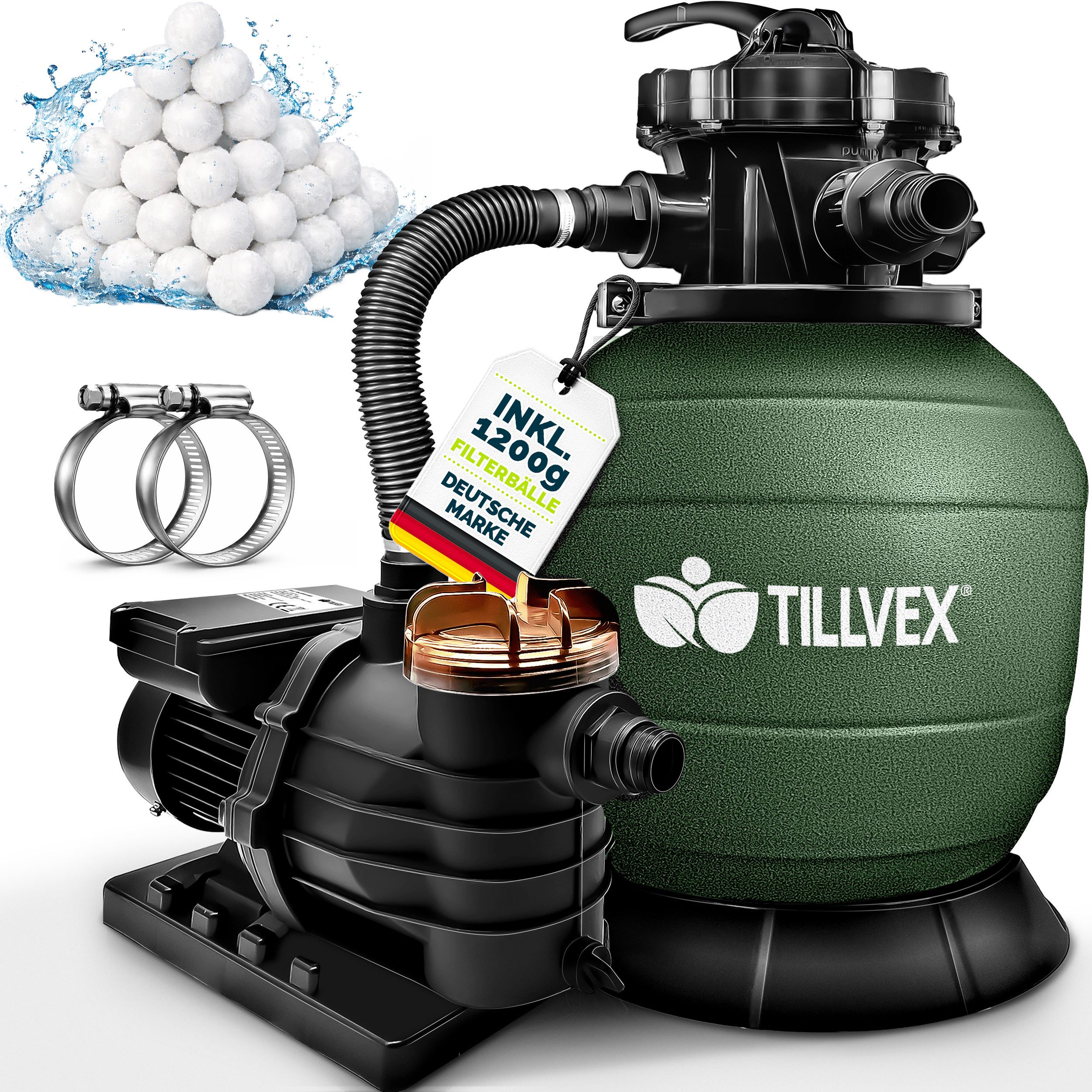 tillvex Sandfilteranlage tillvex Sandfilteranlage 13.200L/h mit 1200g Filterbällen + Pumpe (Poolfilter Selbstansaugend Sandfilter Schwimmbecken, Filteranlage 7-Wege Ventil & 2in1 Adapter Ø32-38mm), Pool 13.200L/h bis 40.000L + 1200g Filterbälle