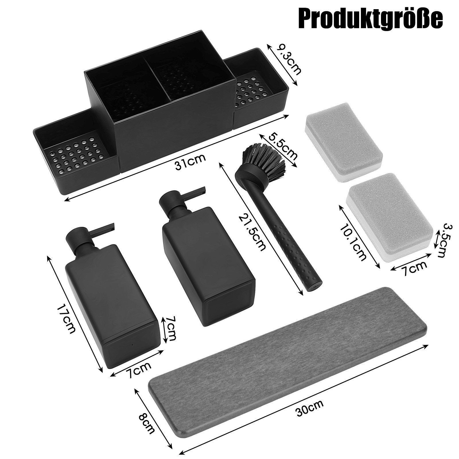 Lumkudos Küchenorganizer-Set 350ML Spülbecken Organizer mit Bürste, Seifenspender Spülschwamm, (4-tlg., Flaschen*2, Schwämme*2, Tablett*1, Pinsel*1, Aufkleber, Matte*1), Spülorganizer mit Zwei Seifenspender, Küchengadget Organizer