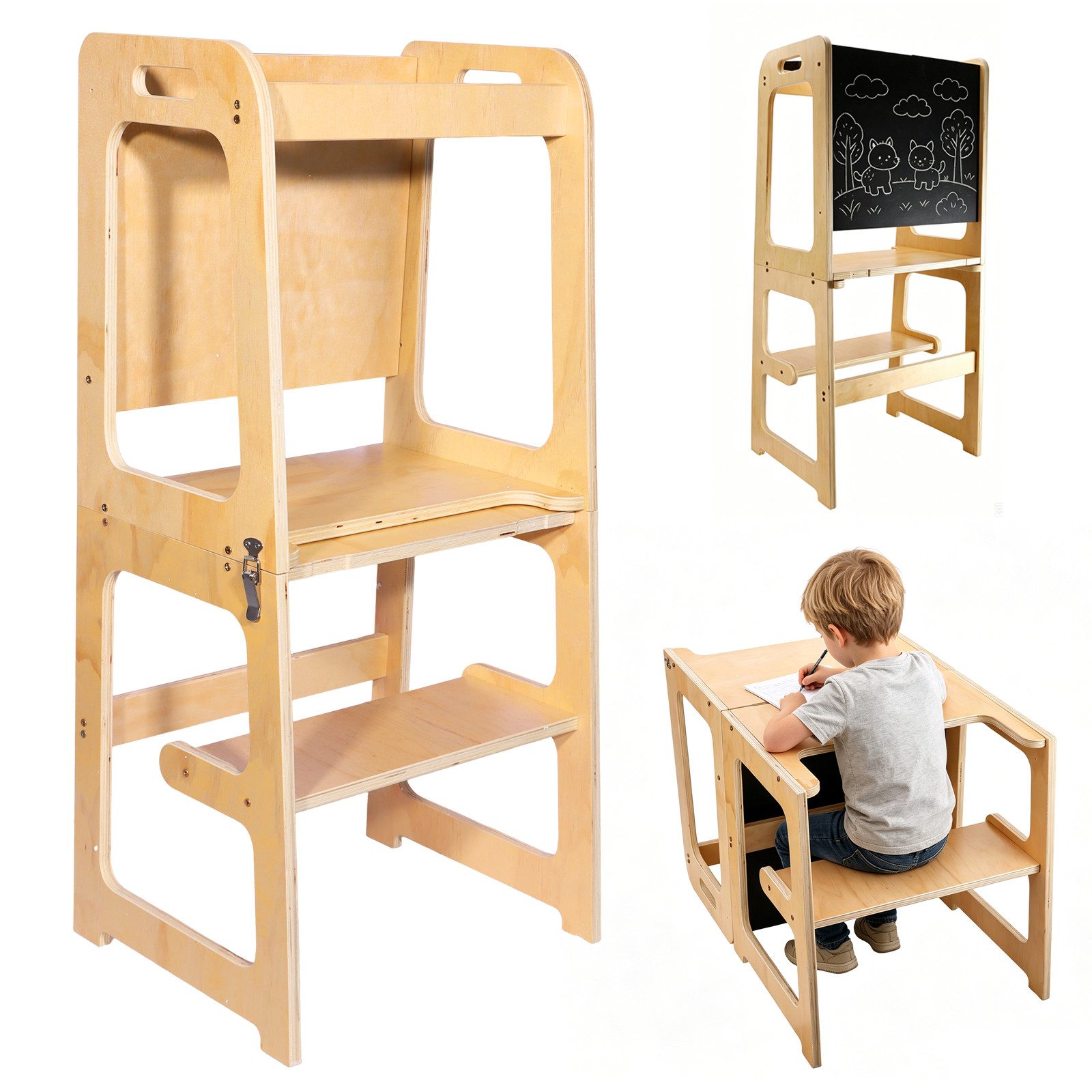 BlingBin Stehhilfe 3-in-1 Lernturm klappbar, verwandelbar in Schreibtisch und Stuhl (1er Set, 1 St), Beobachtungsturm mit Kreidetafel Für Kinder, für Küche Tisch Bad