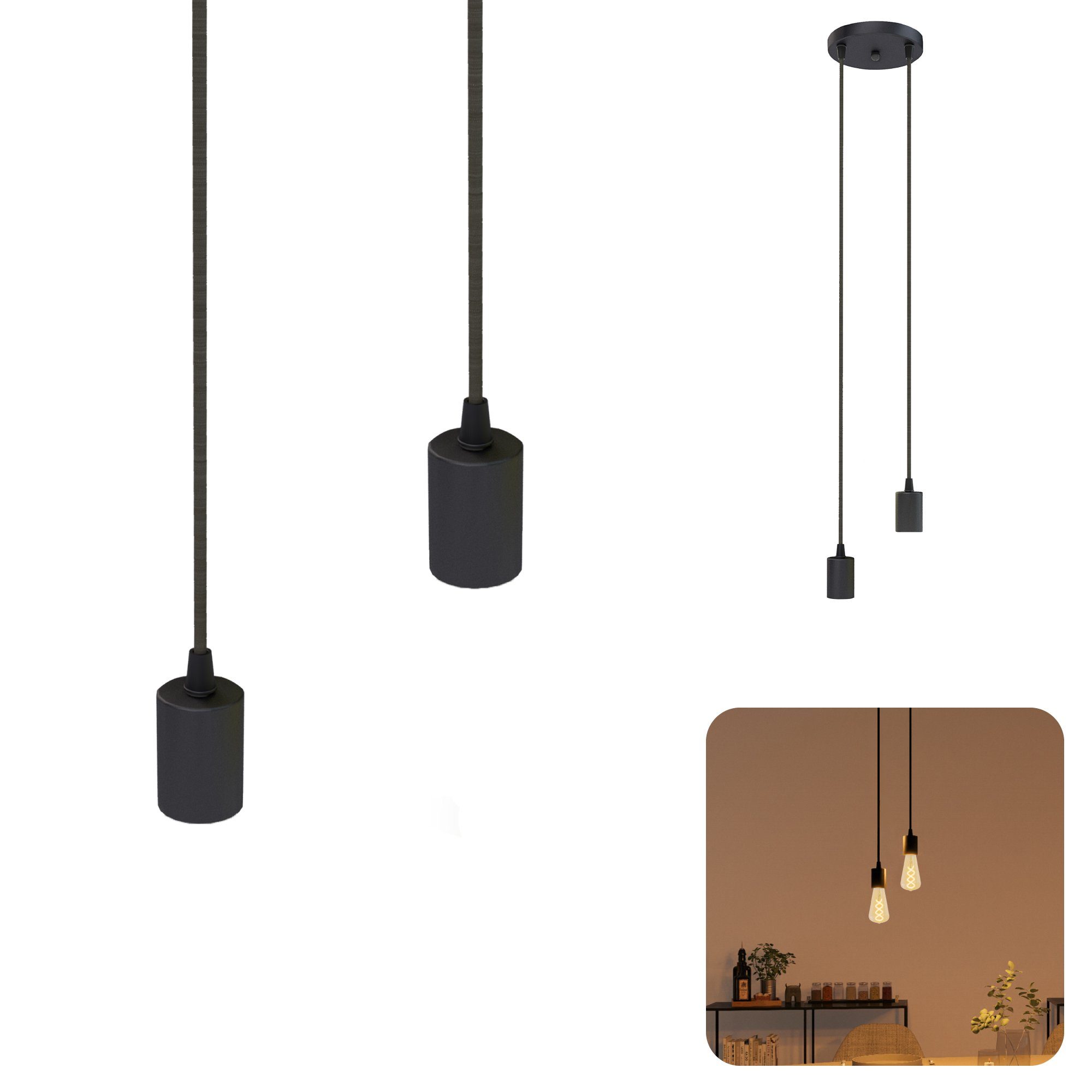 SSC-LUXon LED-Hängeleuchte PARU Pendelleuchte 2-flammig schwarz Textilkabel E27 Fassung | Pendelleuchten