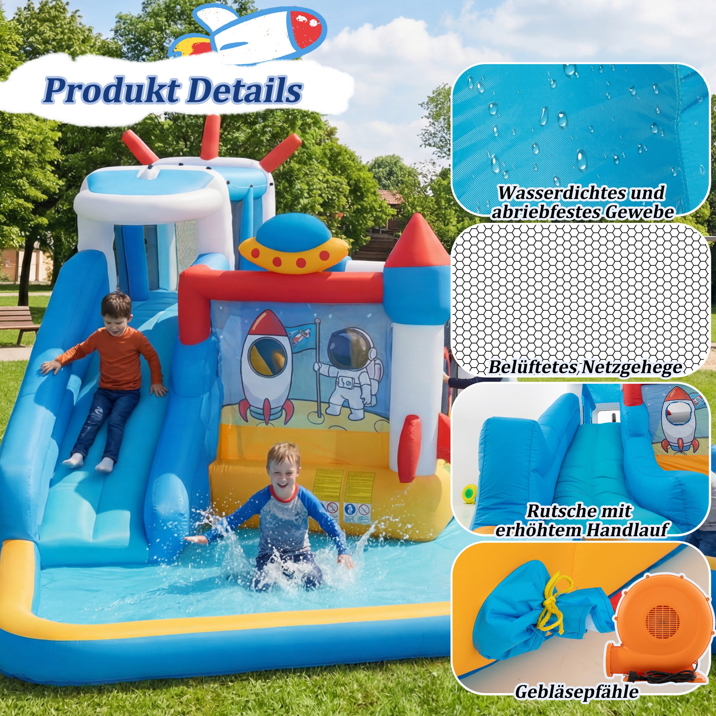 UEV Hüpfburg mit Gebläse Groß Aufblasbare Wasserpark Springburg 452x437x213cm, (XXL für Kinder von 3-10 Jahre, mit Kletterwand Sicherheitsnetz Kindergeburtstag), für Indoor und Outdoor Wasserrutsche Springen