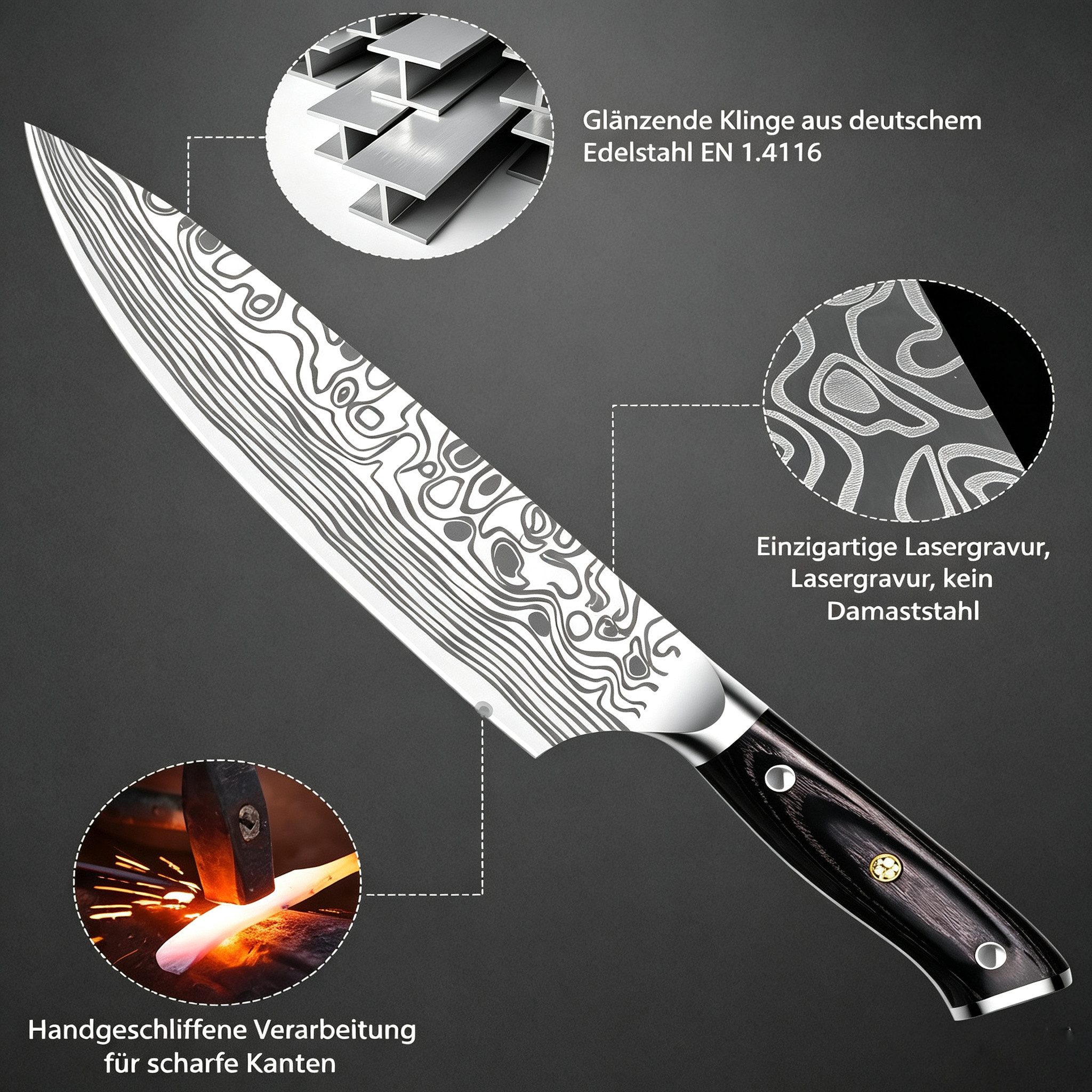 ibettertec Messer-Set Kochmesser Profi Messer 20 cm Scharfes Küchenmesser mit Messerschärfer (Profi-Chefmesser-Set mit Schärfer, Fingerschutz und Geschenkbox), Chefmesser aus Edelstahl Komfortabler Holzgriff, mit Messerschärfer