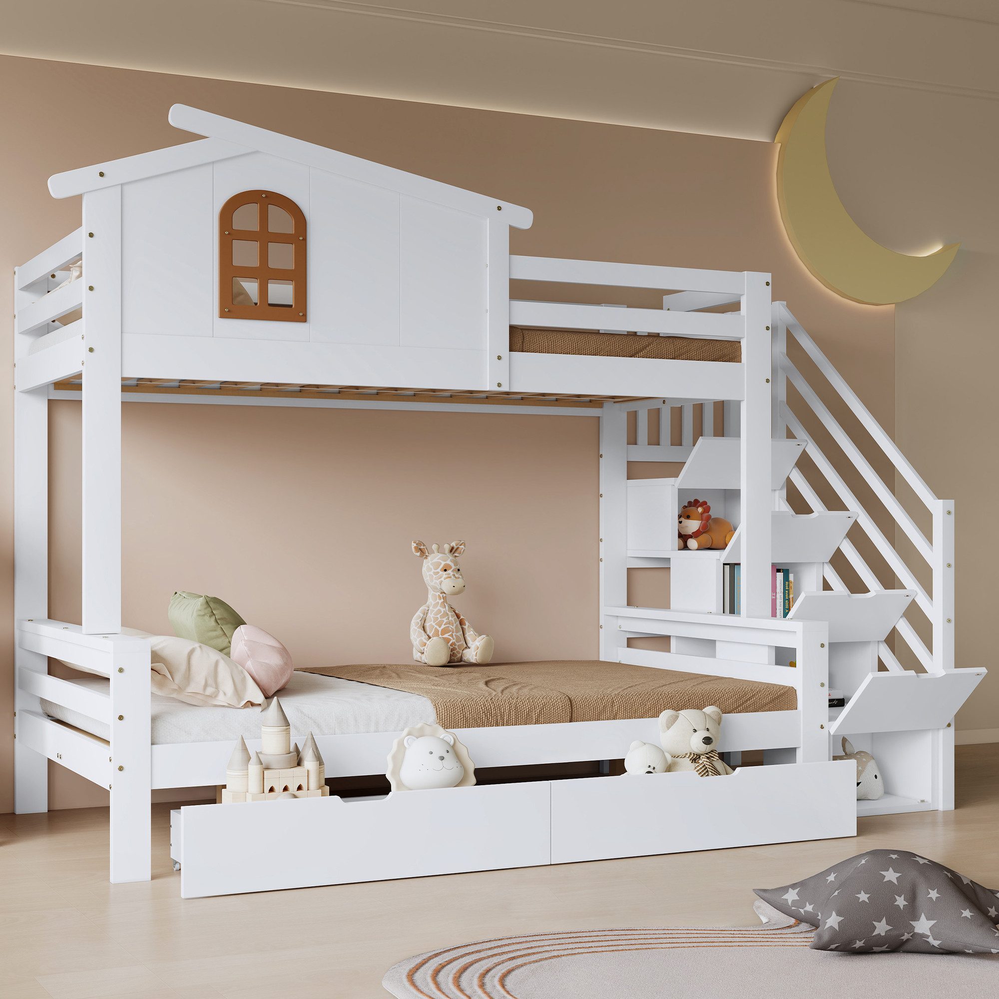 Odikalo Kinderbett Etagenbett Hochbett 90x200 mit Lattenrost (Etagenbett, Kinderbett, Zwei Schubladen mit Rollen, Exquisite Schöne Fenster, Eck-Leiterschrank, Stabile Lattenroste, Kiefer + MDF + Sperrholz, Weiß+Natur, 90x200cm&120x200cm)
