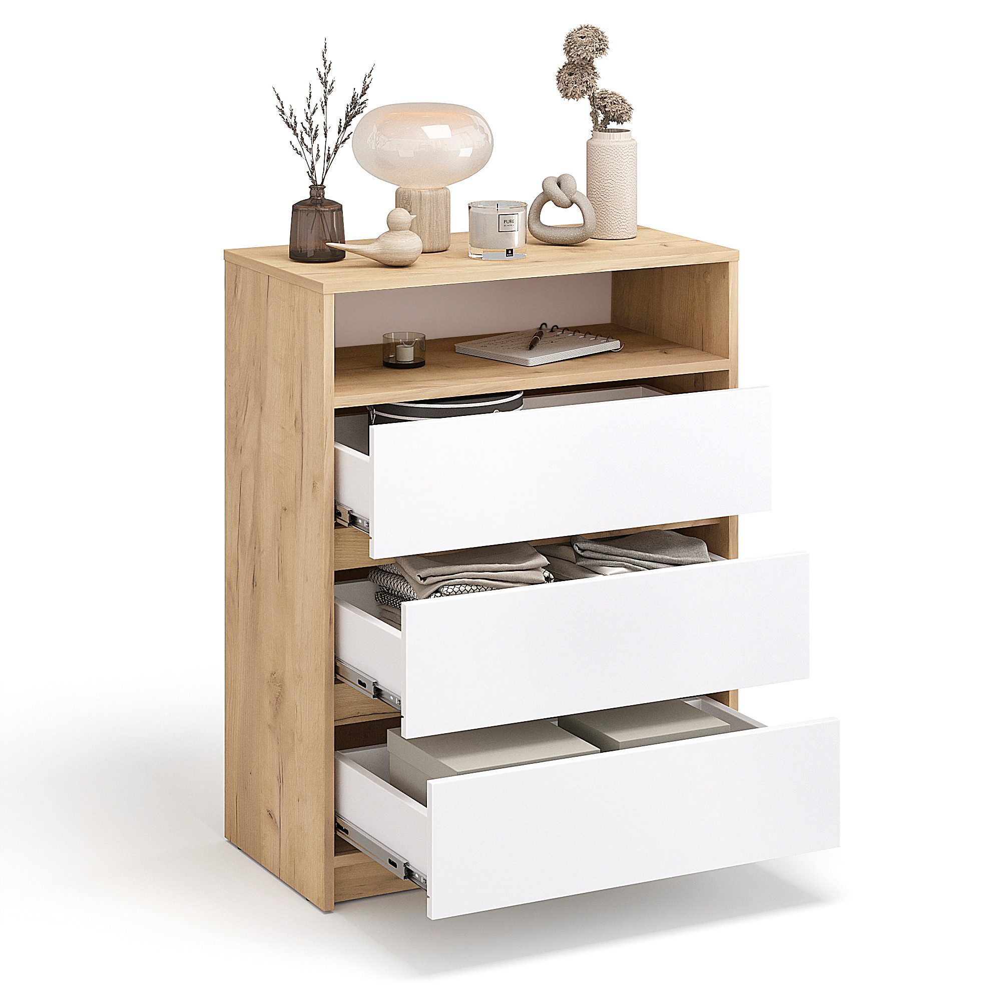 KOMTO Kommode Leon mit 3 Schubladen - Komodenschrank für Schlafzimmer, Schubladenkommode mit 1 offenen Fächern für Wohnzimmer 70 x 37 x 90 cm
