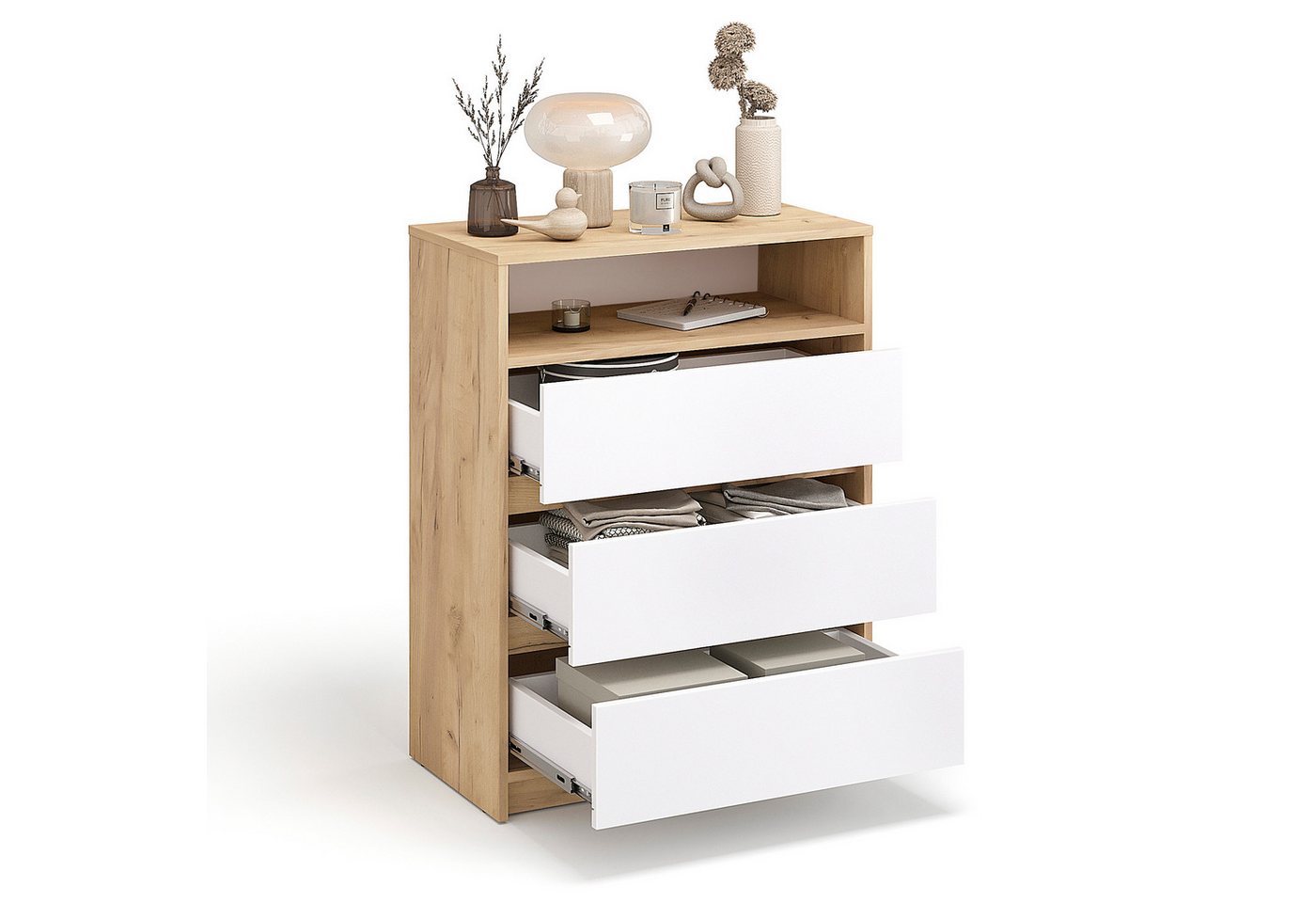 KOMTO Kommode Leon mit 3 Schubladen - Komodenschrank für Schlafzimmer, Schubladenkommode mit 1 offenen Fächern für Wohnzimmer 70 x 37 x 90 cm