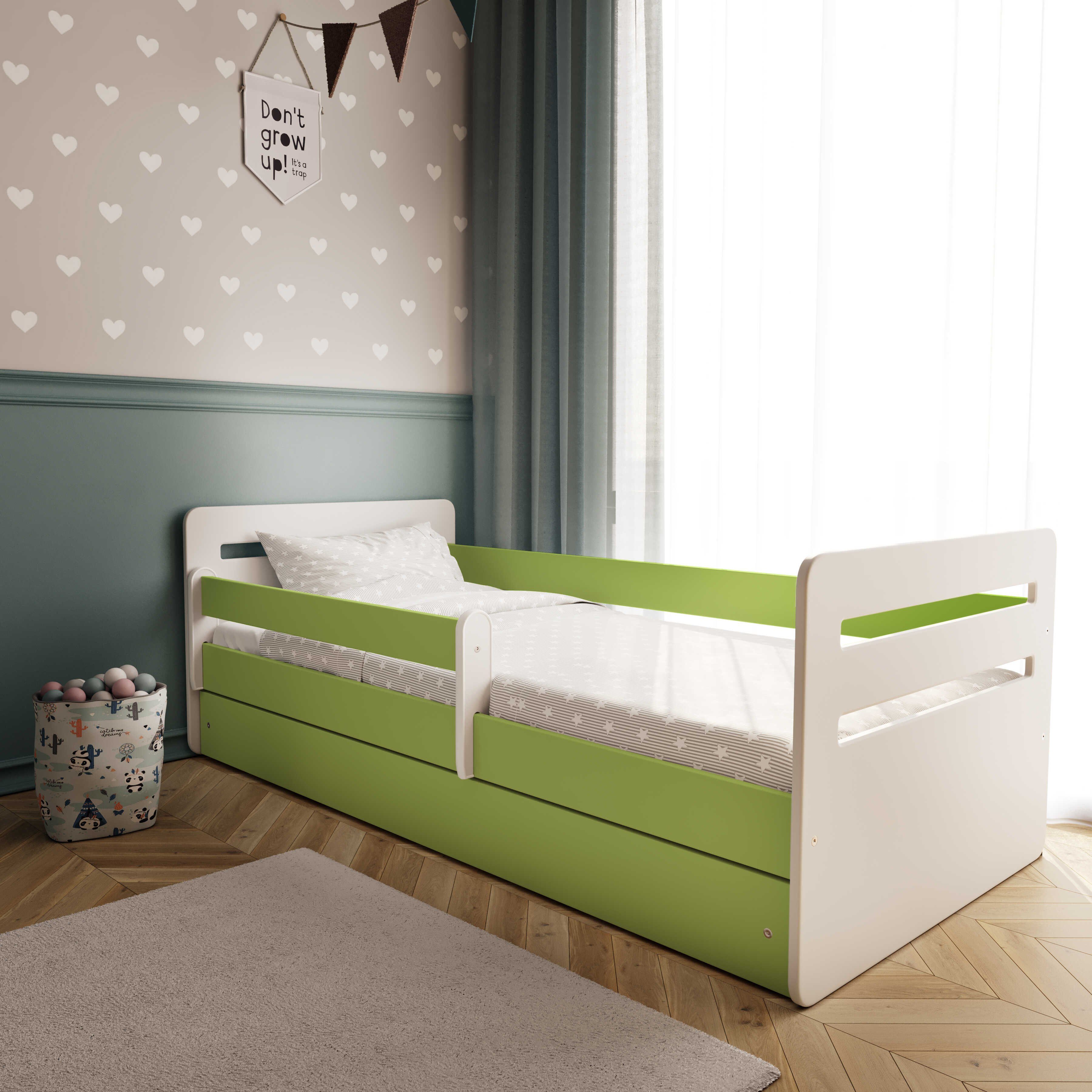 Bjird Kinderbett Tomi 140x80 160x80 180x80 (Mit 8 cm Matratze), mit Rausfallschutz Schubalde und Lattenrost für Mädchen und Junge grün | Jugendbetten