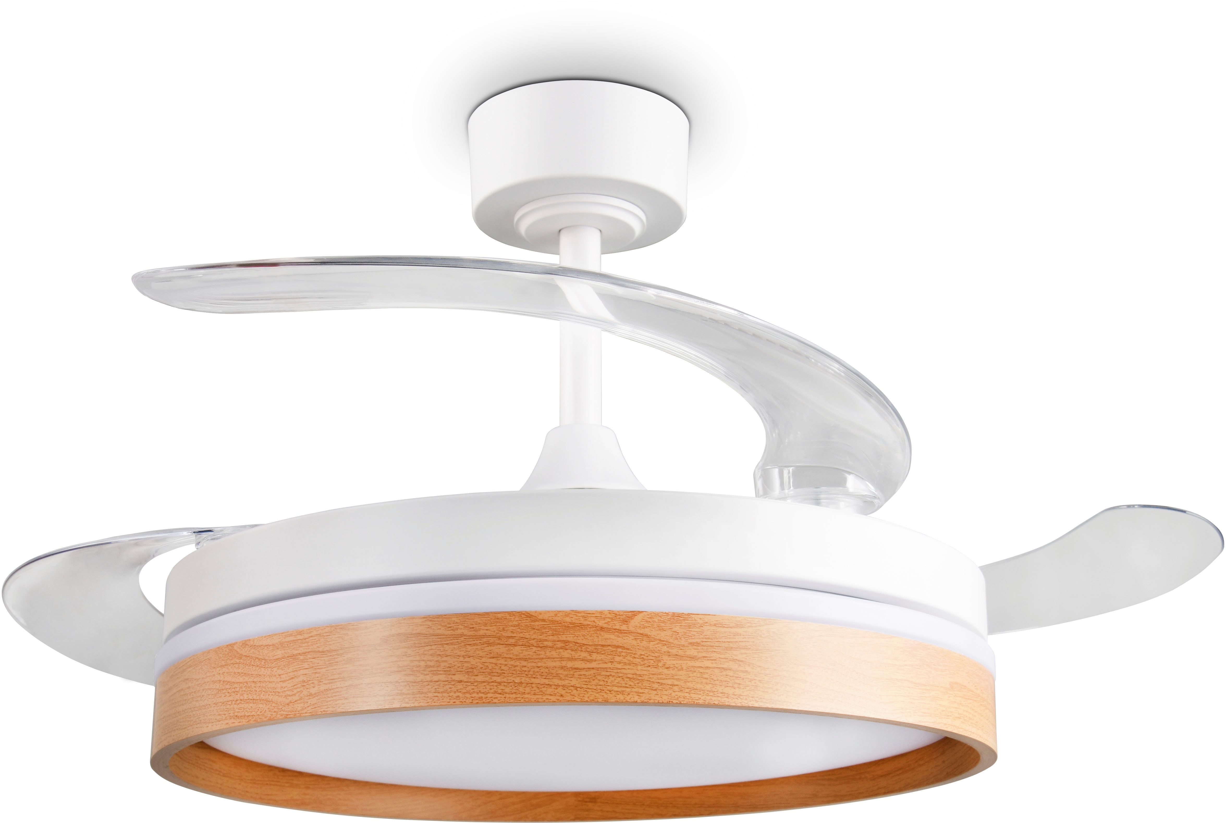 Reality Leuchten LED Deckenleuchte VOLDA mit Ventilator, Deckenventilator mit ausklappbaren Flügeln 30W, CCT - über Fernbedienung, Dimmfunktion, Memoryfunktion, Nachtlichtfunktion, Timerfunktion, Ventilatorfunktion, getrennt schaltbar, LED fest integriert, Farbwechsler, warmweiß - kaltweiß, Ø 49-106 cm (aufgeklappt), 6 Stufen, LED 30W CCT dimmbar Timer Fernb.