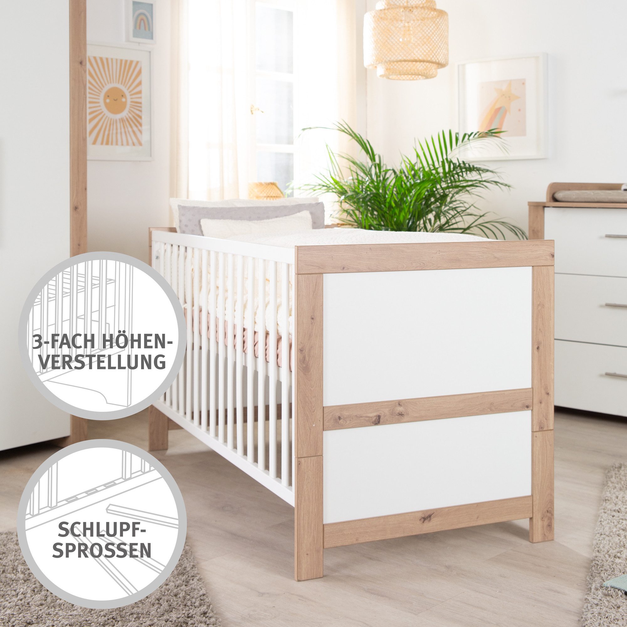 roba® Babybett Malo 70 x 140 cm Liegefläche, aus Holz - Weiß lackiert & Artisan Eiche, mitwachsendes Gitterbett, 3-fach höhenverstellbar, Schlupfsprossen