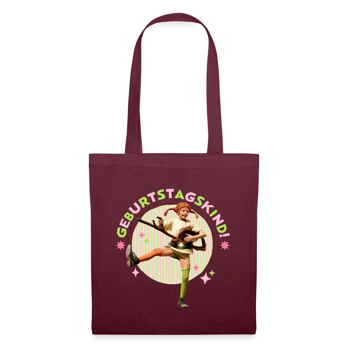 Spreadshirt Henkeltasche Pippi Langstrumpf Geburtstag Pippi Mit Gitarre Stoffbeutel (1-tlg)