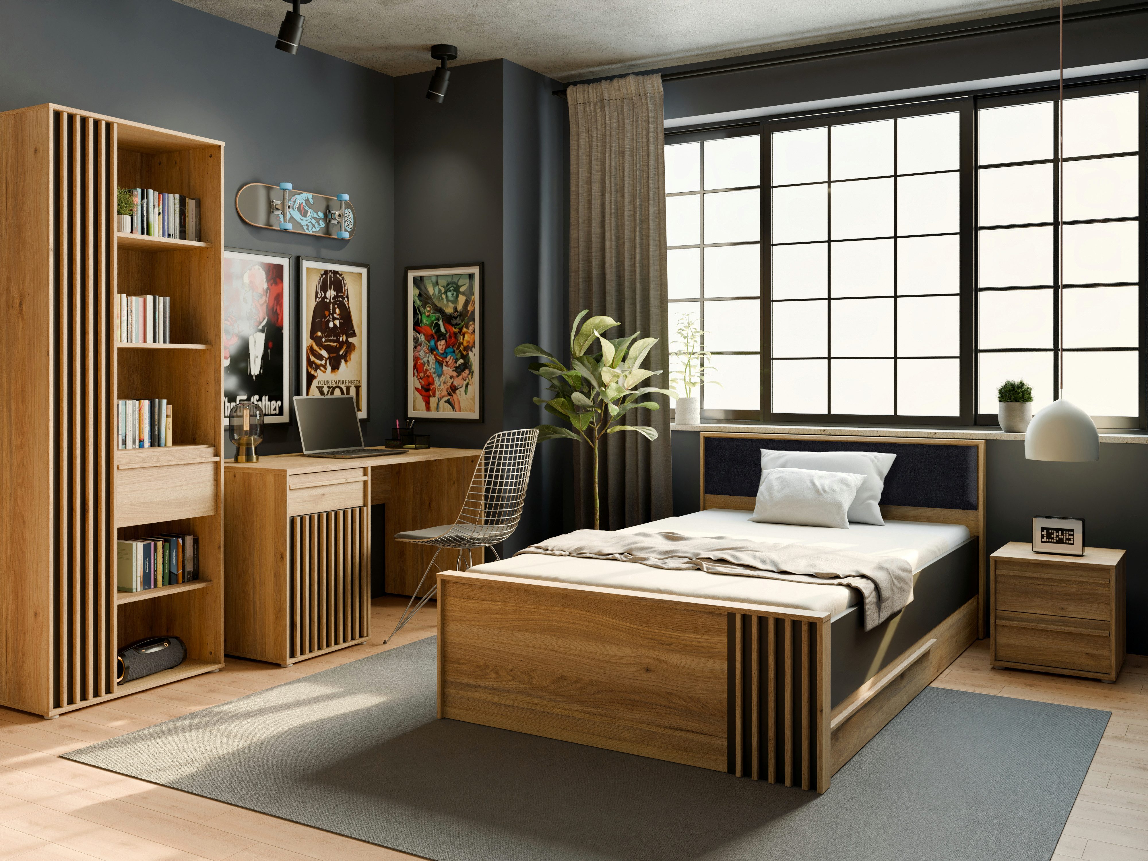 FORTE Jugendzimmer-Set Jugendzimmer Arank Bett Regal Schreibtisch Nako Eiche Hell & Schwarz, (4-tlg)