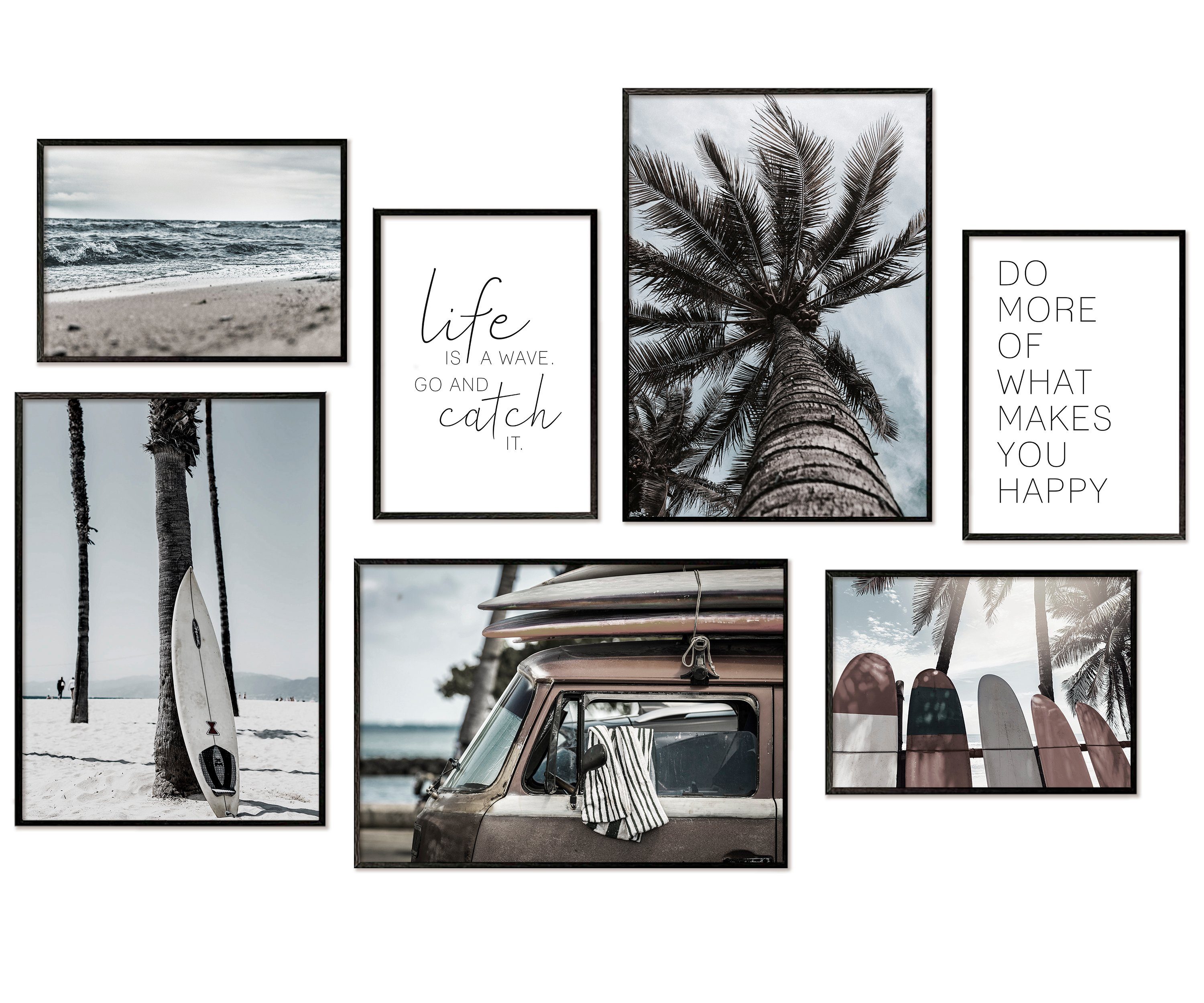 Hyggelig Home Poster Surfen - Premium Poster Set OHNE & MIT Rahmen - 7 Wandbilder Urlaub, Strand (Set, 7 St), Collage Beach, Qualitätsdruck auf dickem Papier