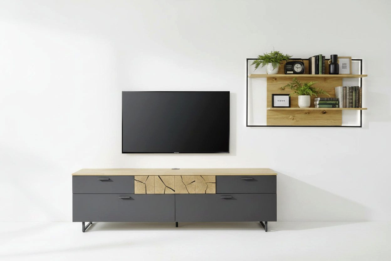 kalb Wohnwand kalb TV Wohnwand Set mit Lowboard und beleuchtetem Wandregal in Eiche