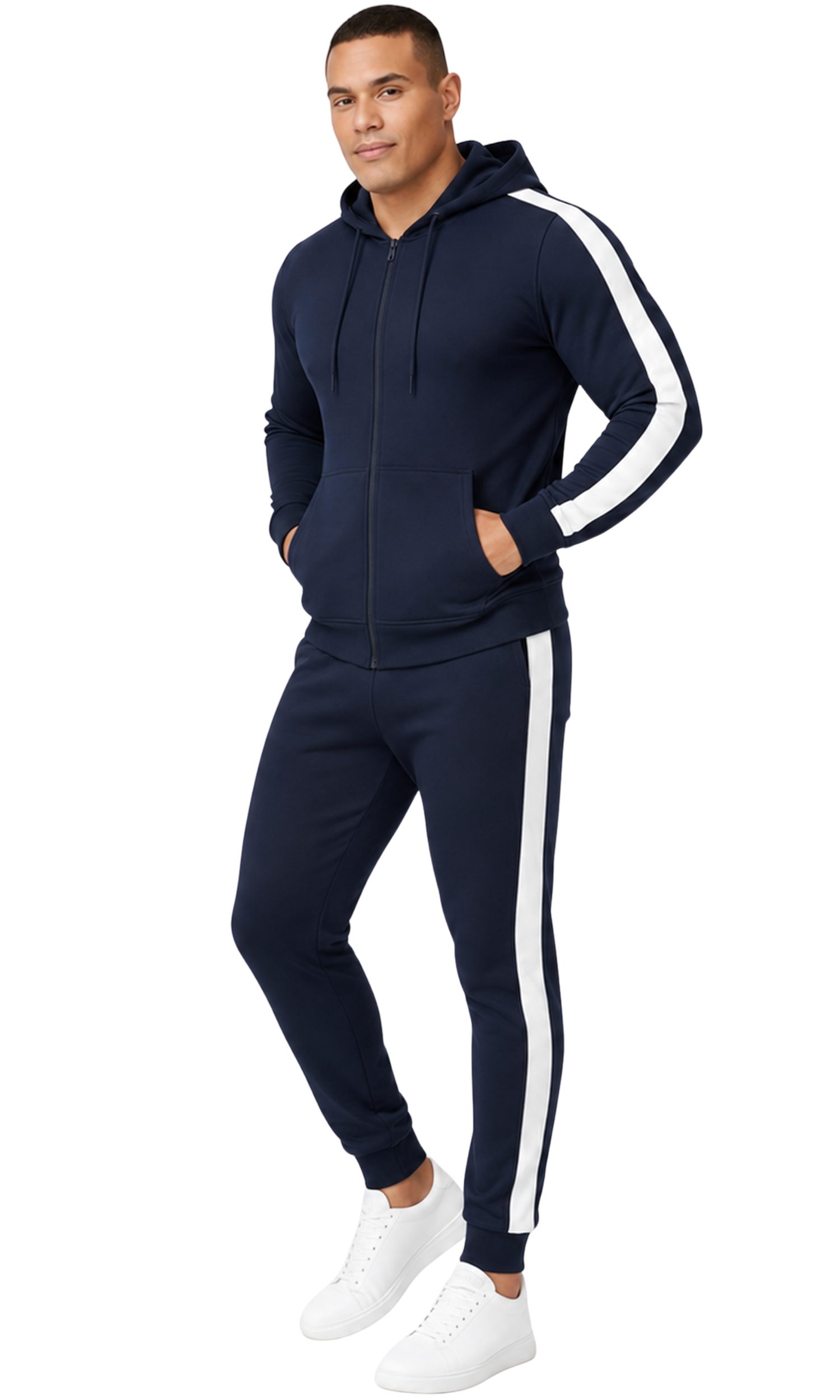 L.gonline Freizeitanzug Herren Jogginganzug zweifarbig sportlich mit Streifen, 526 (Kapuzenjacke mit Reißverschluss, Hose, 2-tlg), Fitness Freizeit Casual