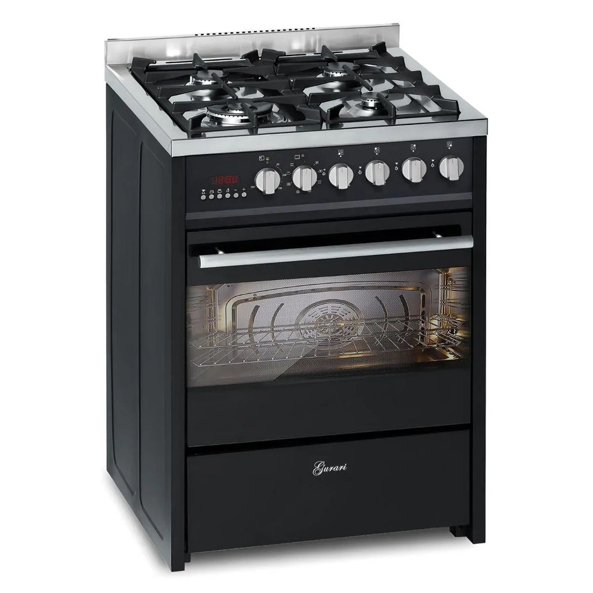 Gas-Standherd 60 cm Schwarze Gasherd mit Elektrobackofen 60 L Range Coocker GCH E 610 BL. Gas-Elektro-Standherd, Erdgas/Propangas, 4 Kw, WOK