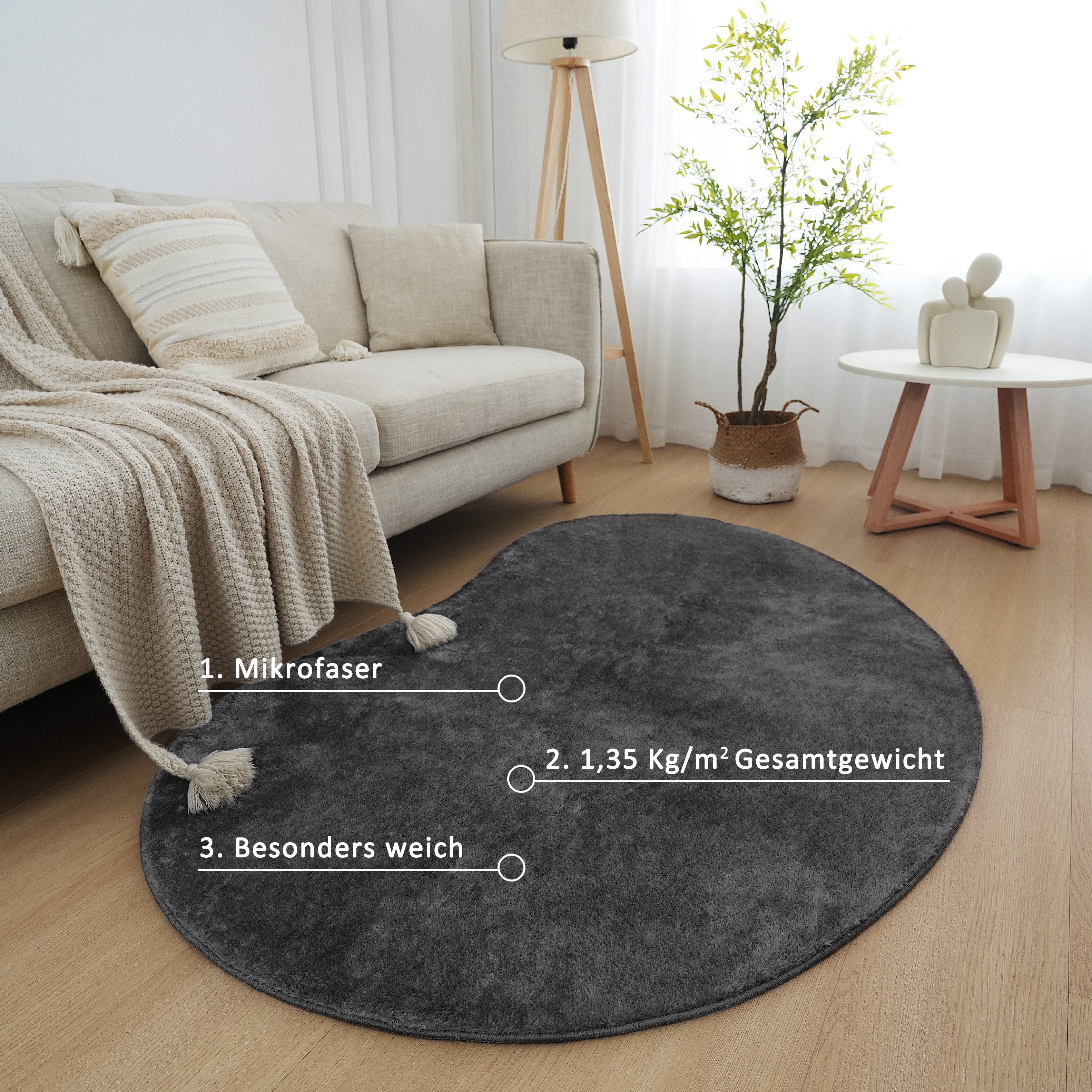 OTTO home Teppich Cali Bean, U-förmig, Höhe: 16 mm, besondere Form, Uni, weich, waschbar, Wohnzimmer, Schlafzimmer