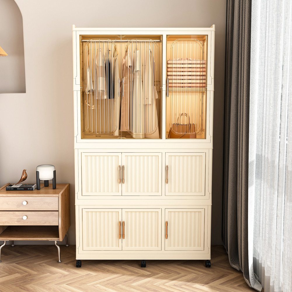 BBWL Kleiderschrank 9 Magnettüren, 1 Kleiderstange, 8 Ablagefächer, 6 Rollen, 158 cm hoch Faltbarer Kunststoff-Kleiderschrank Cremeweiß