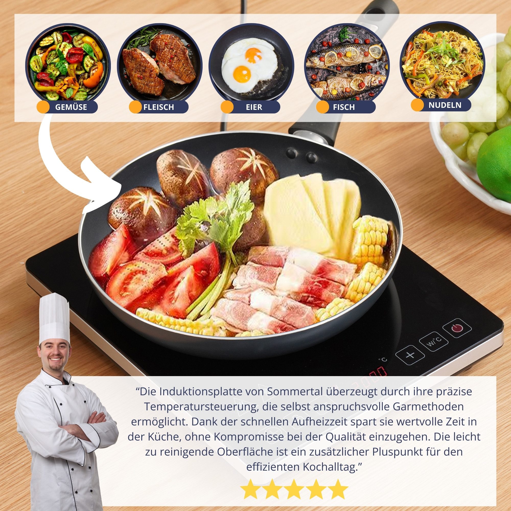 Sommertal Einzel-Induktionskochplatte Sommertal Induktionskochfeld 1 Platte 2000W Tragbar Super-Slim Design, mit 4h Timer, Touch, Kindersicherung, Profi Induktionskochplatte