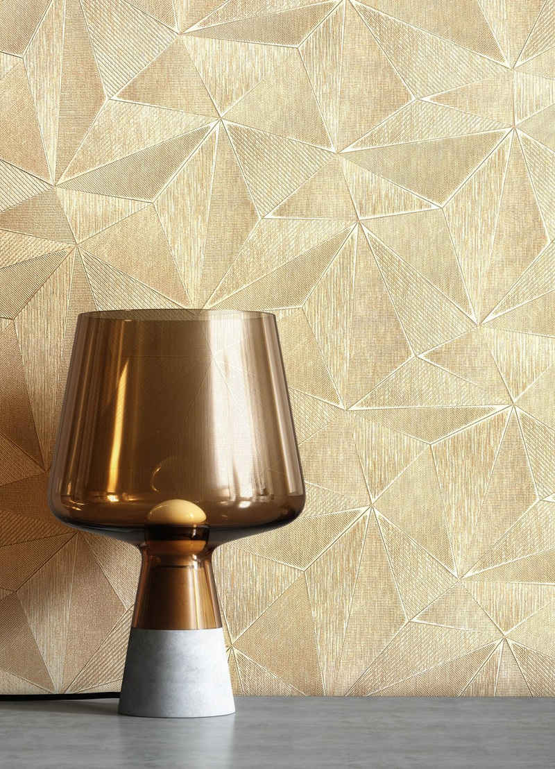 Newroom Vliestapete, Gold Tapete Glamour Dreiecke - 3D-Optik Grafiktapete Grafisch Geometrisch Grafik für Wohnzimmer Schlafzimmer Küche