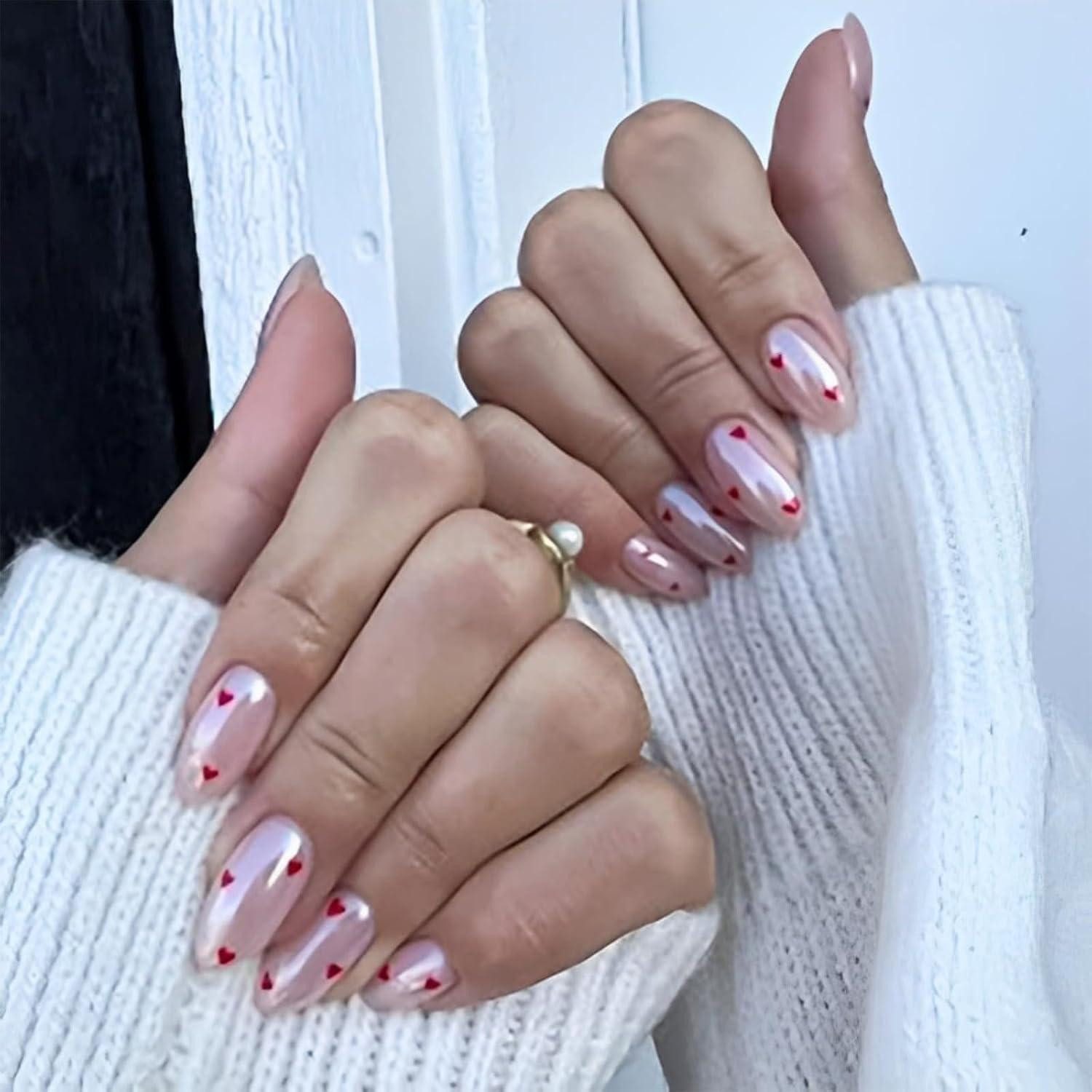 LuxusKollektion Kunstfingernägel 24er Set Künstliche Nägel mit Roten Herzen, Glänzende Rosa Acrylnägel