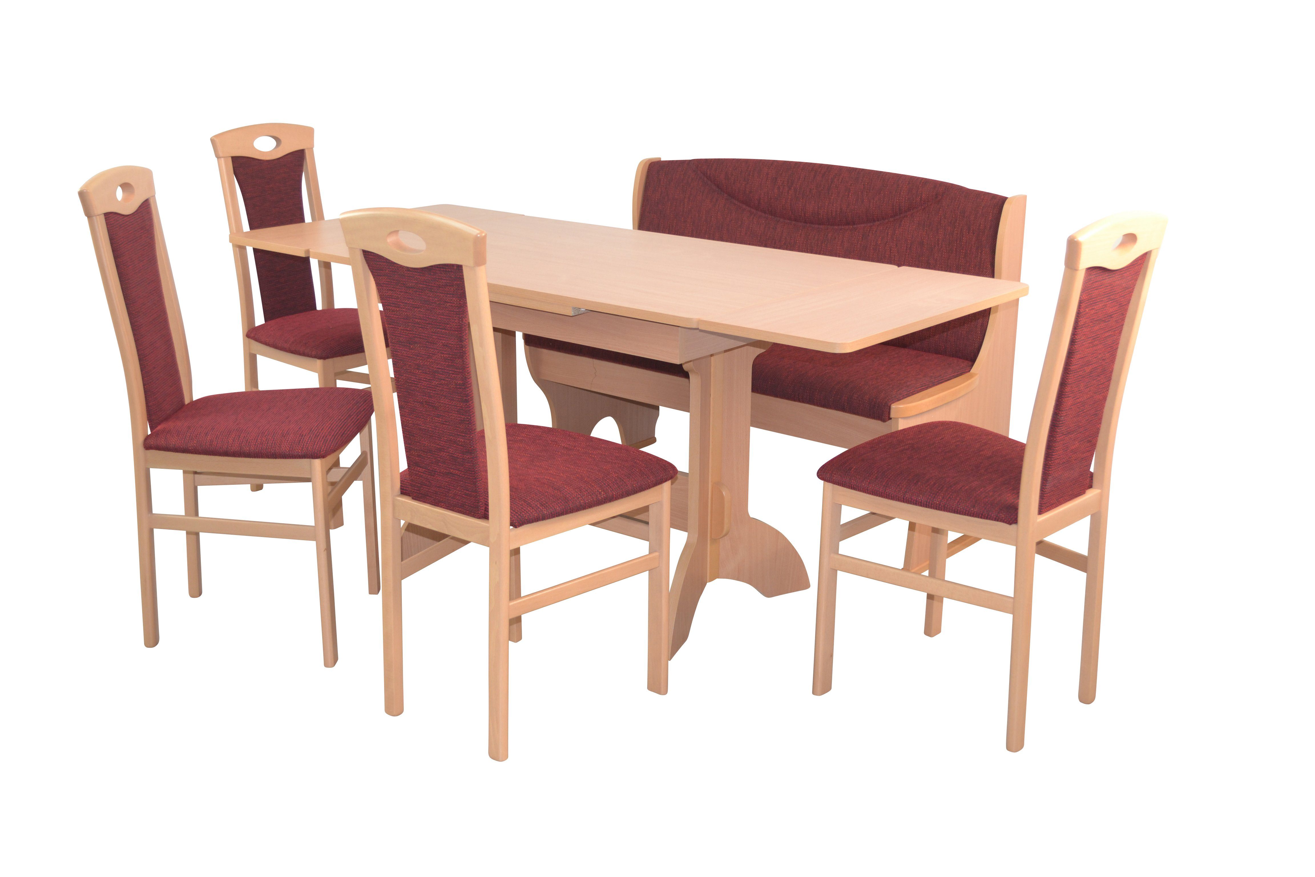 moebel-direkt-online Essgruppe 6teilige Tischgruppe, (Spar-Set, 6teiliges Set), Sitzbank mit Stauraumfunktion Buche-Nachbildung/bordeaux