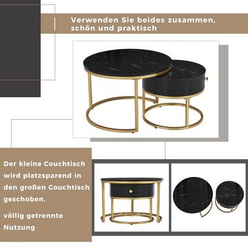 Merax Couchtisch Satztisch rund Beistelltisch mit Schublade (2-St), hochglanz Marmoroptik aus Holz mit goldenen Metallbeine