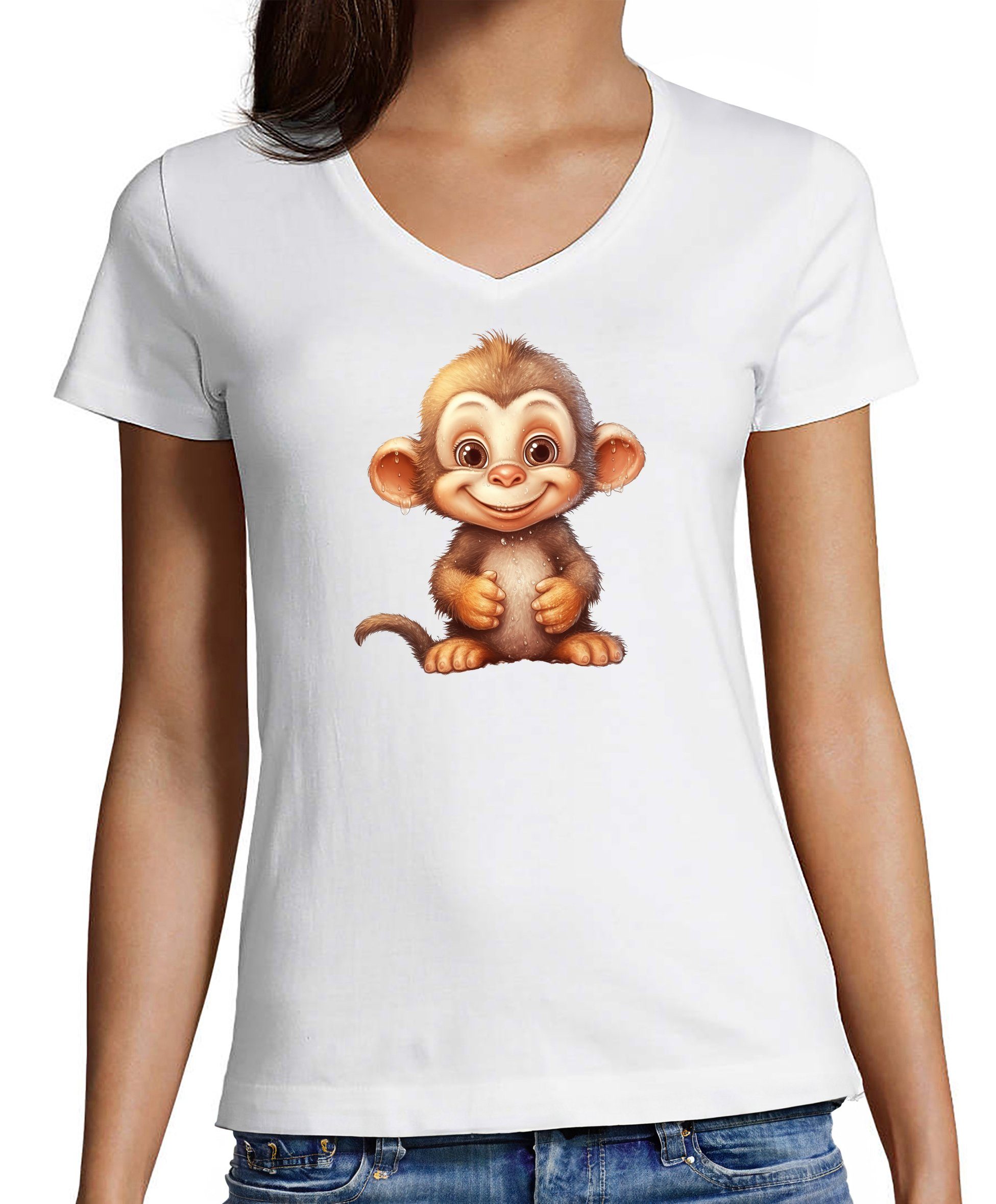 MyDesign24 T-Shirt Damen Wildtier Print Shirt - Baby Affe Schimpanse V-Ausschnitt Baumwollshirt mit Aufdruck Slim Fit weiss