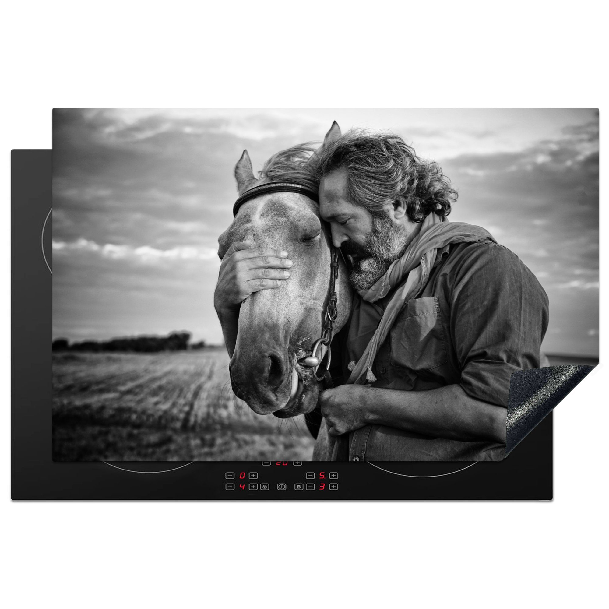 MuchoWow Herdblende-/Abdeckplatte Freundschaft zwischen einem Pferd und einem Mann in Schwarz-Weiß, Vinyl, (1 tlg), 81x52 cm, Induktionskochfeld Schutz für die küche, Ceranfeldabdeckung