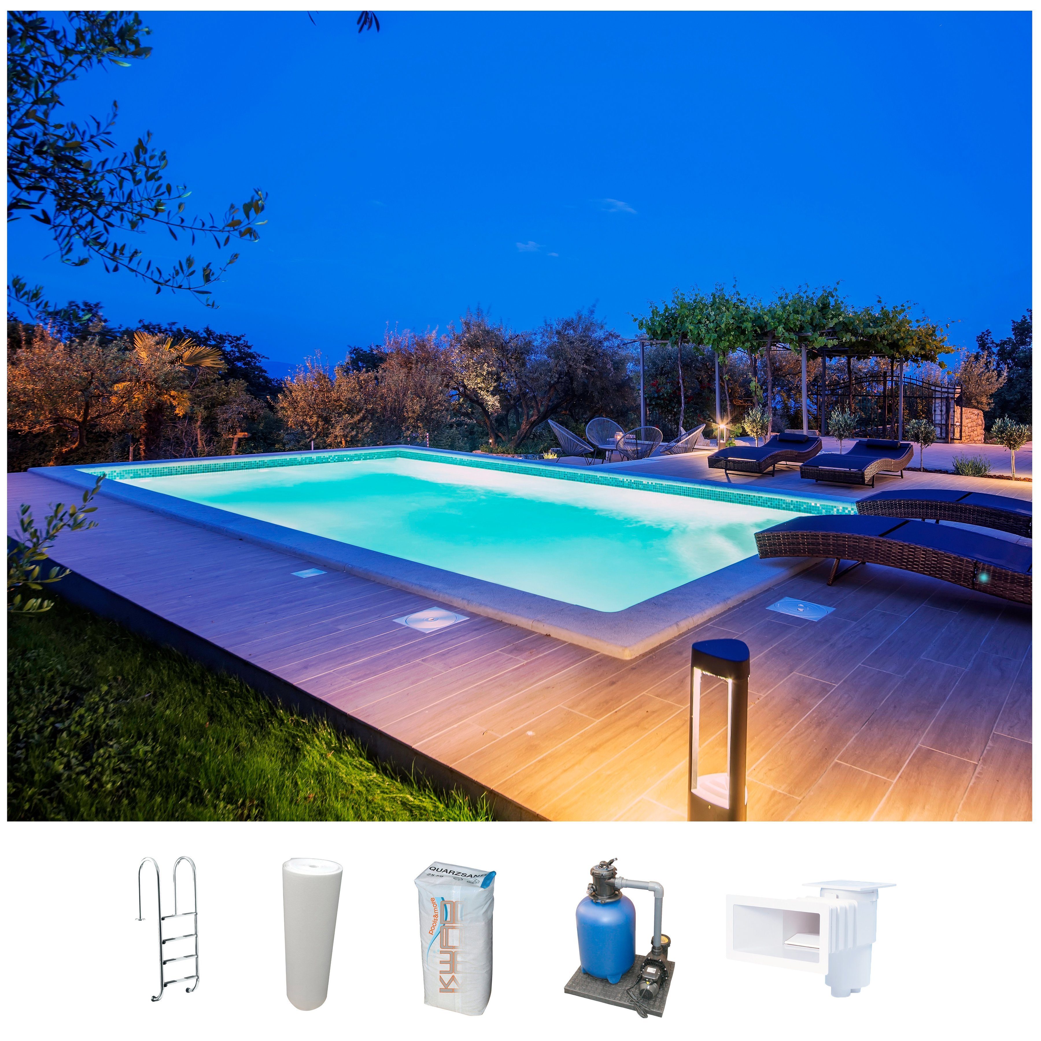 KWAD Schwimmbecken STYROPOR®STEIN POOL ALL INCLUSIVE, BxLxH: 350x700x150 cm (Set), mit Edelstahlleiter, inkl. Beckenrandsteine & Poolbeleuchtung
