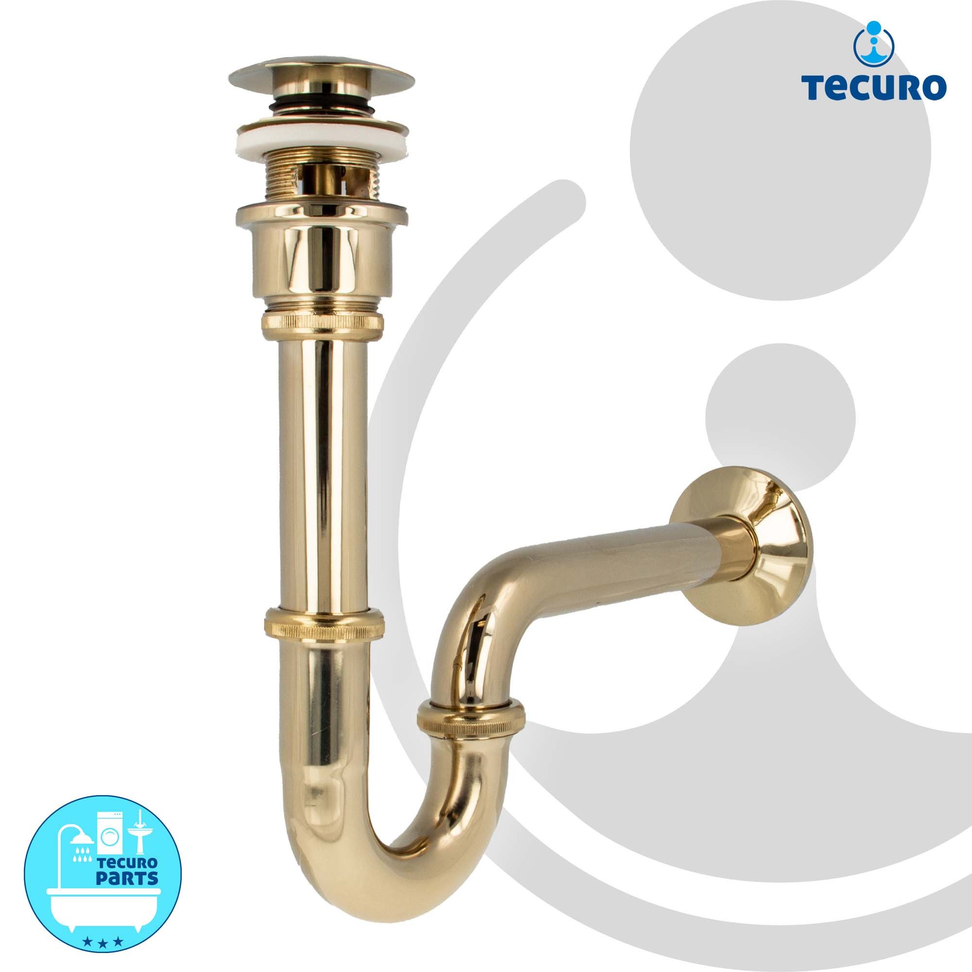 tecuro Siphon Siphon extra lang mit Pop Up Ablaufventil vergoldet, (Ablaufventil und Röhrensiphon)
