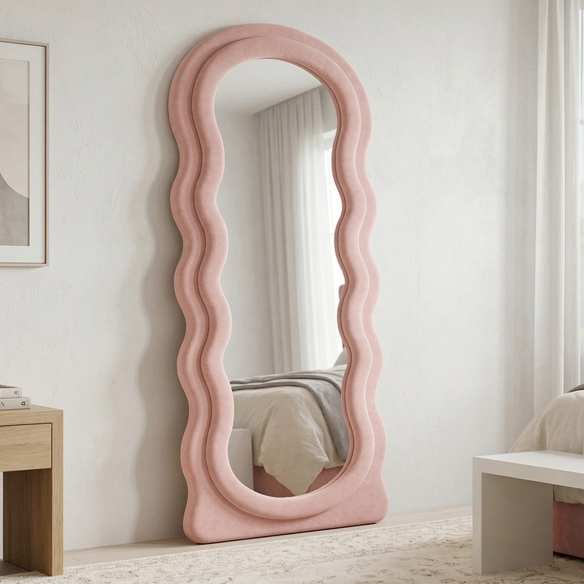 LUNAMIRROR Ganzkörperspiegel im gewellte Form, Samtbezug, Holzrahmen (1-St), stehend & hängend, 160x60 cm, Weiß/Beige/Grün/Rosa – Bild 3 von 4