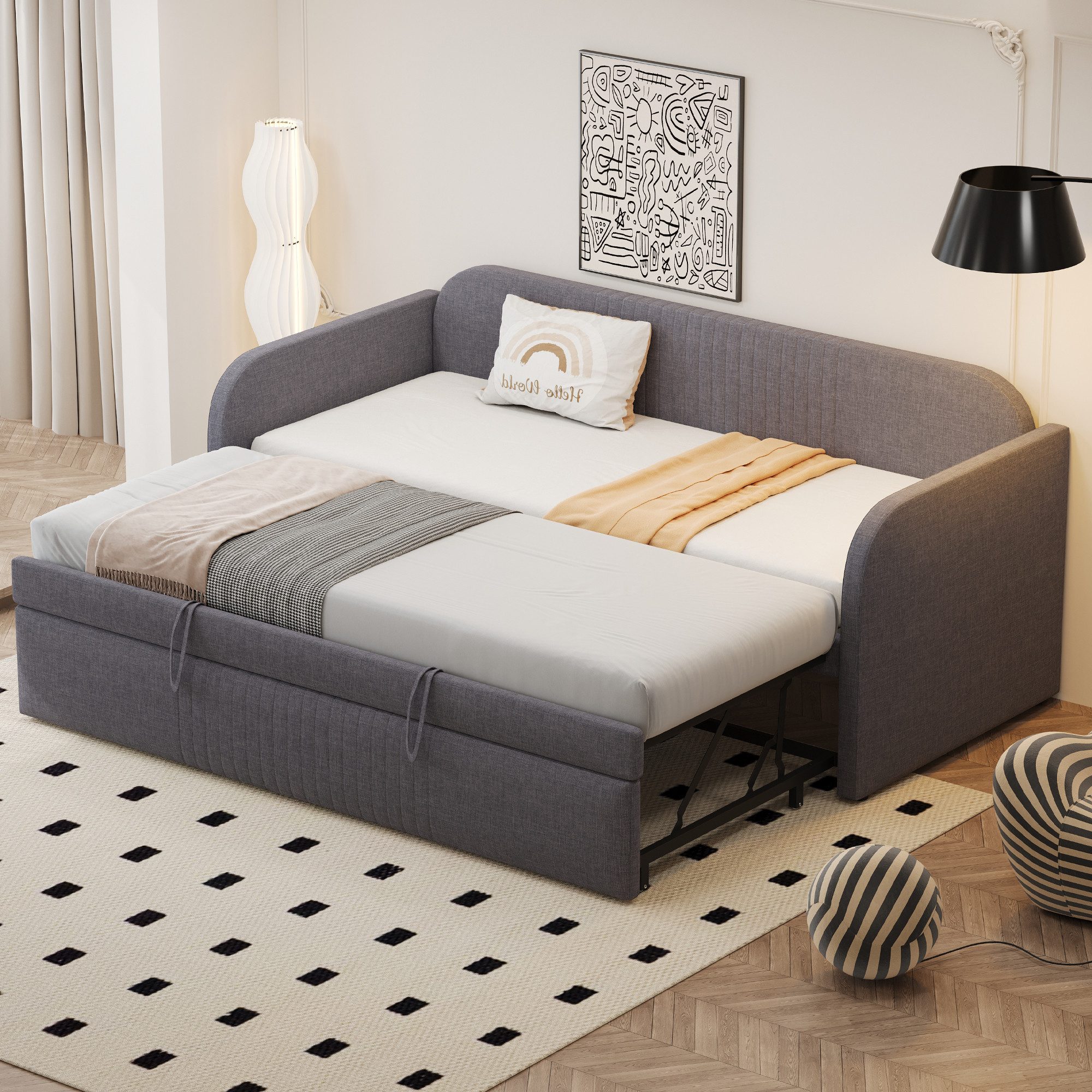 OKWISH Schlafsofa Aus atmungsaktivem Leinen mit vertikalen Streifen & Lattenrost, Matratze nicht enthalten – vielseitig für Wohn- und Gästebereich, Ausziehbares Schlafsofa in Grau, 90/180x190 cm