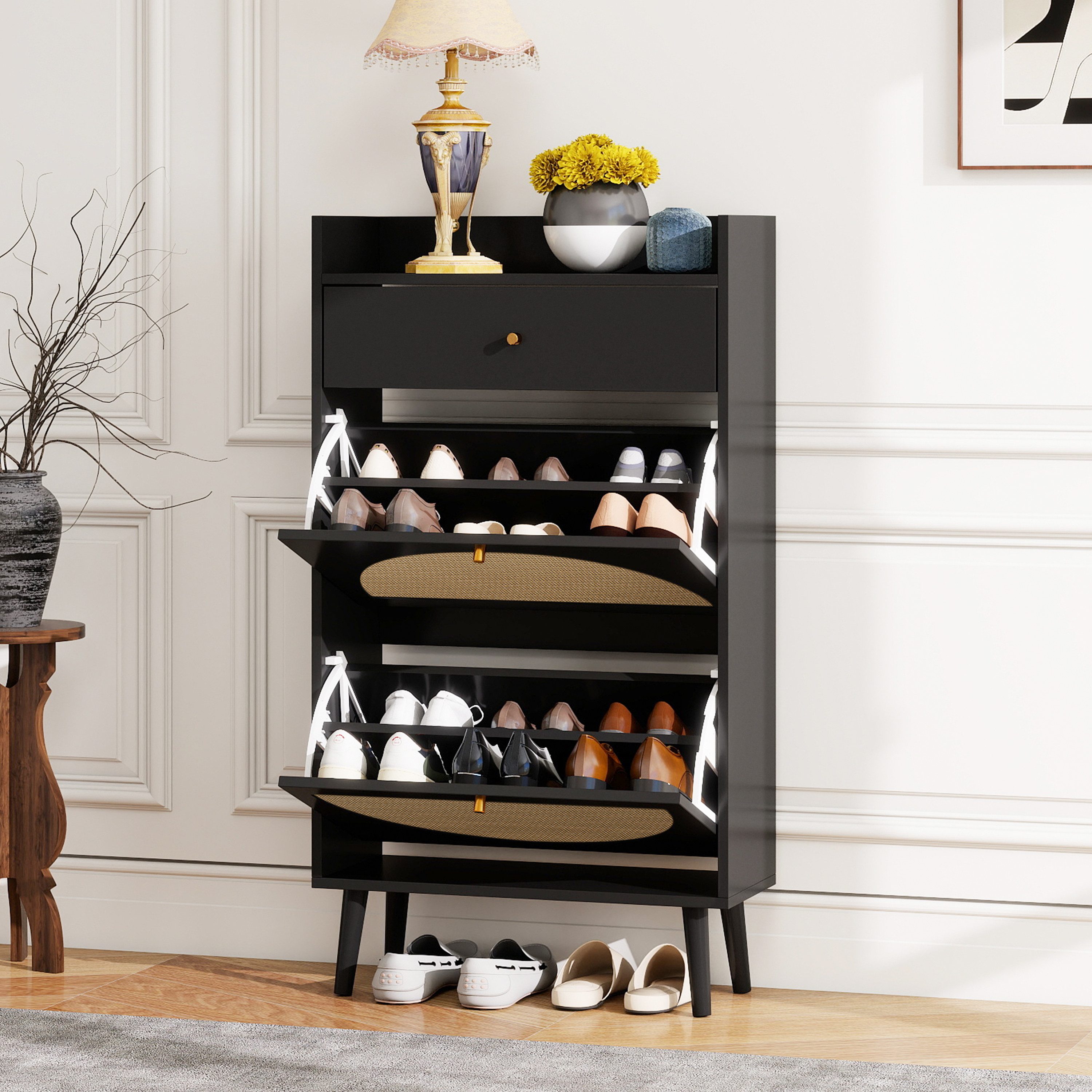 OKWISH Schuhschrank Moderner Schuhregal mit 2 Rattantüren, Schuhkarton Schuhkipper (Schuhschrank,mit Rattan-Optik, 2 Türen und 1 Schublade, flexibles doppeltes Regal, Wandverankerung, Kiefernholzfüße)